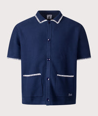 Blanket Stitch Short Sleeve Knitted Shirt: Navy 