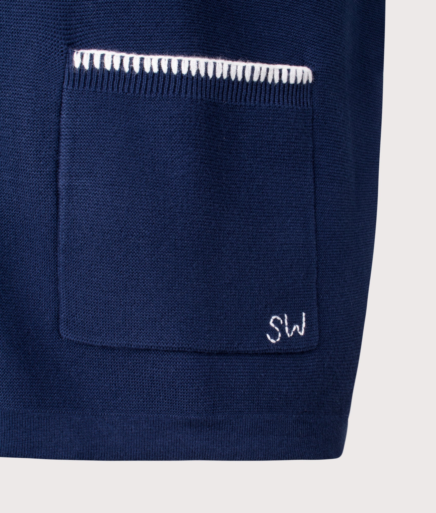 Service Works Blanket Stitch Short Sleeve Knitted Shirt in Navy at EQVVS Menswear. Detail shot.