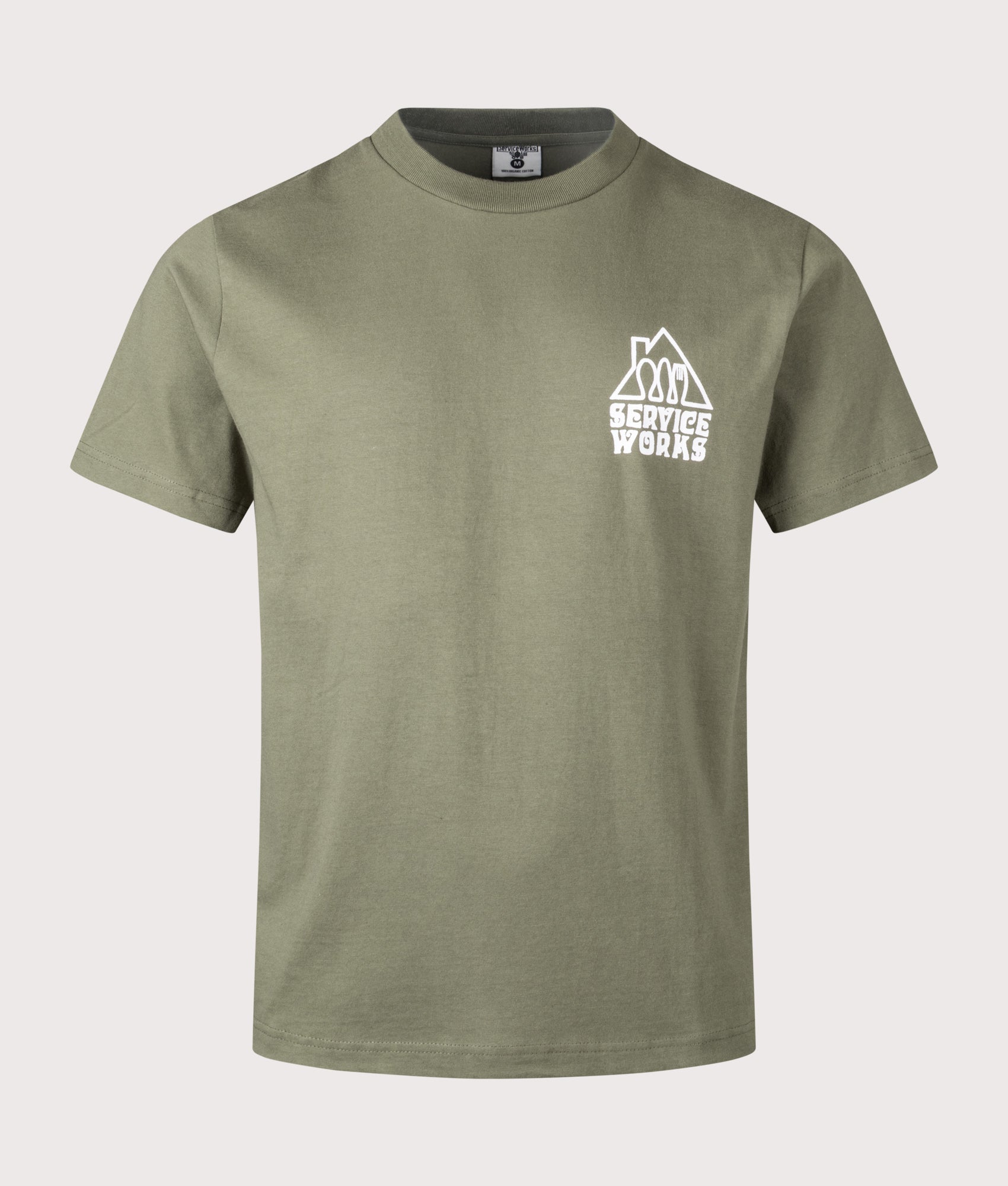Services Works Home Comforts T-Shirt in Olive at EQVVS Menswear. Front shot.