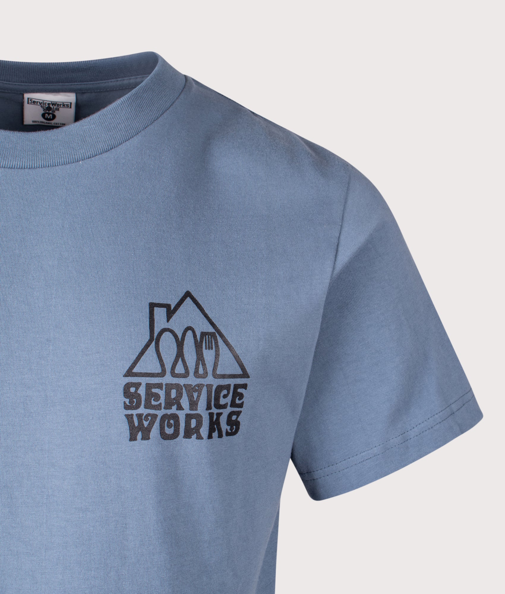 Services Works Home Comforts T-Shirt in Slate at EQVVS Menswear. Detail shot.