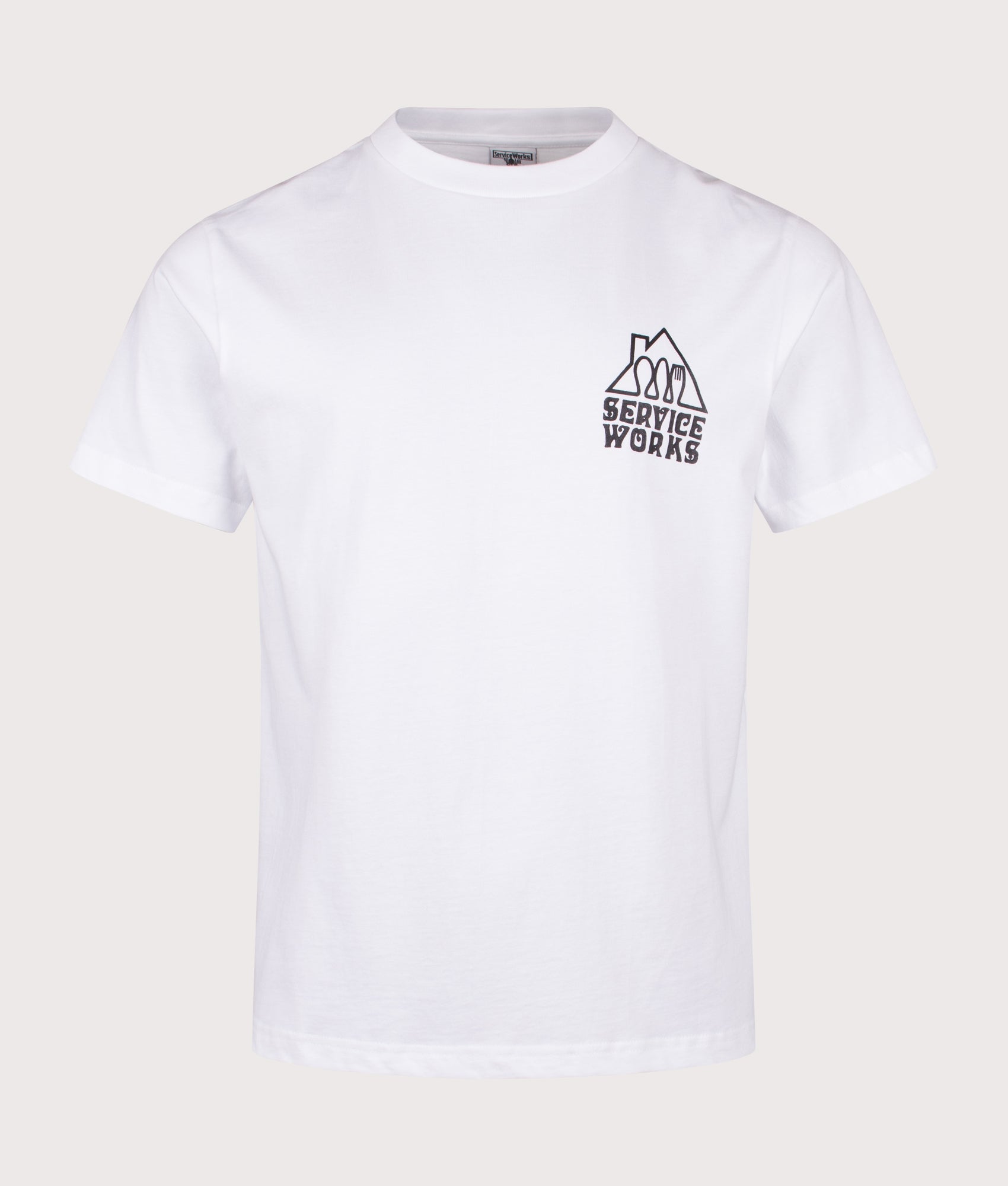 Services Works Home Comforts T-Shirt in White at EQVVS Menswear. Front shot.