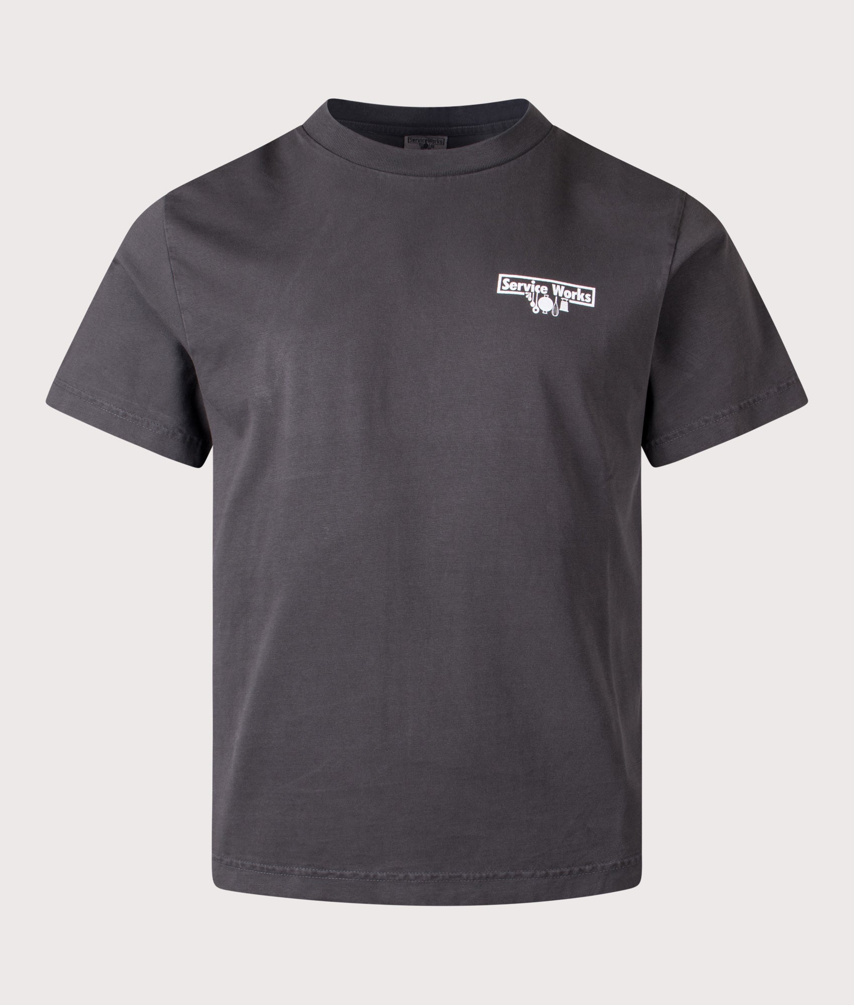 Services Works Pigment Dyed Trademark T-Shirt in Black at EQVVS Menswear. Front shot.