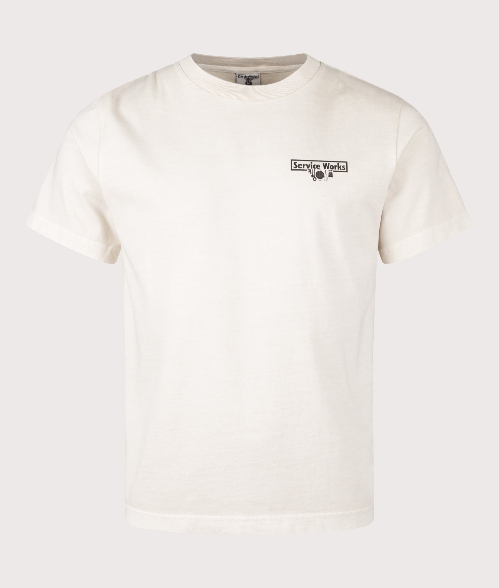 Services Works Pigment Dyed Trademark T-Shirt in White at EQVVS Menswear. Front shot.
