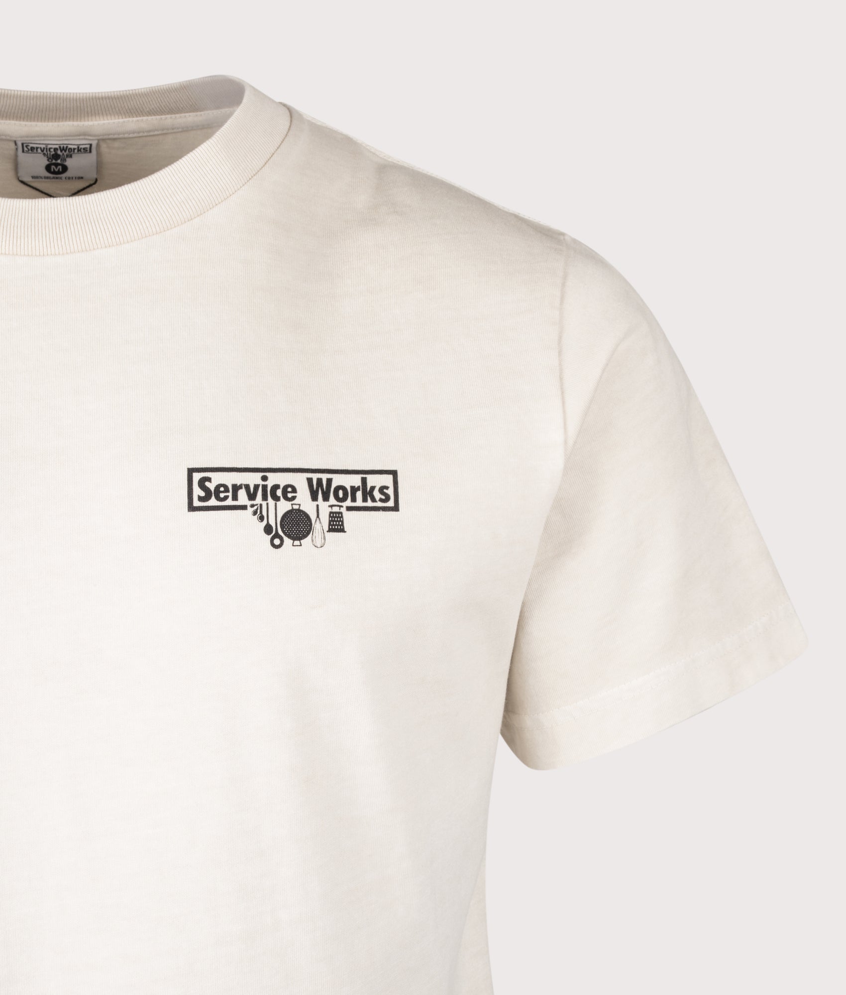 Services Works Pigment Dyed Trademark T-Shirt in White at EQVVS Menswear. Detail shot.