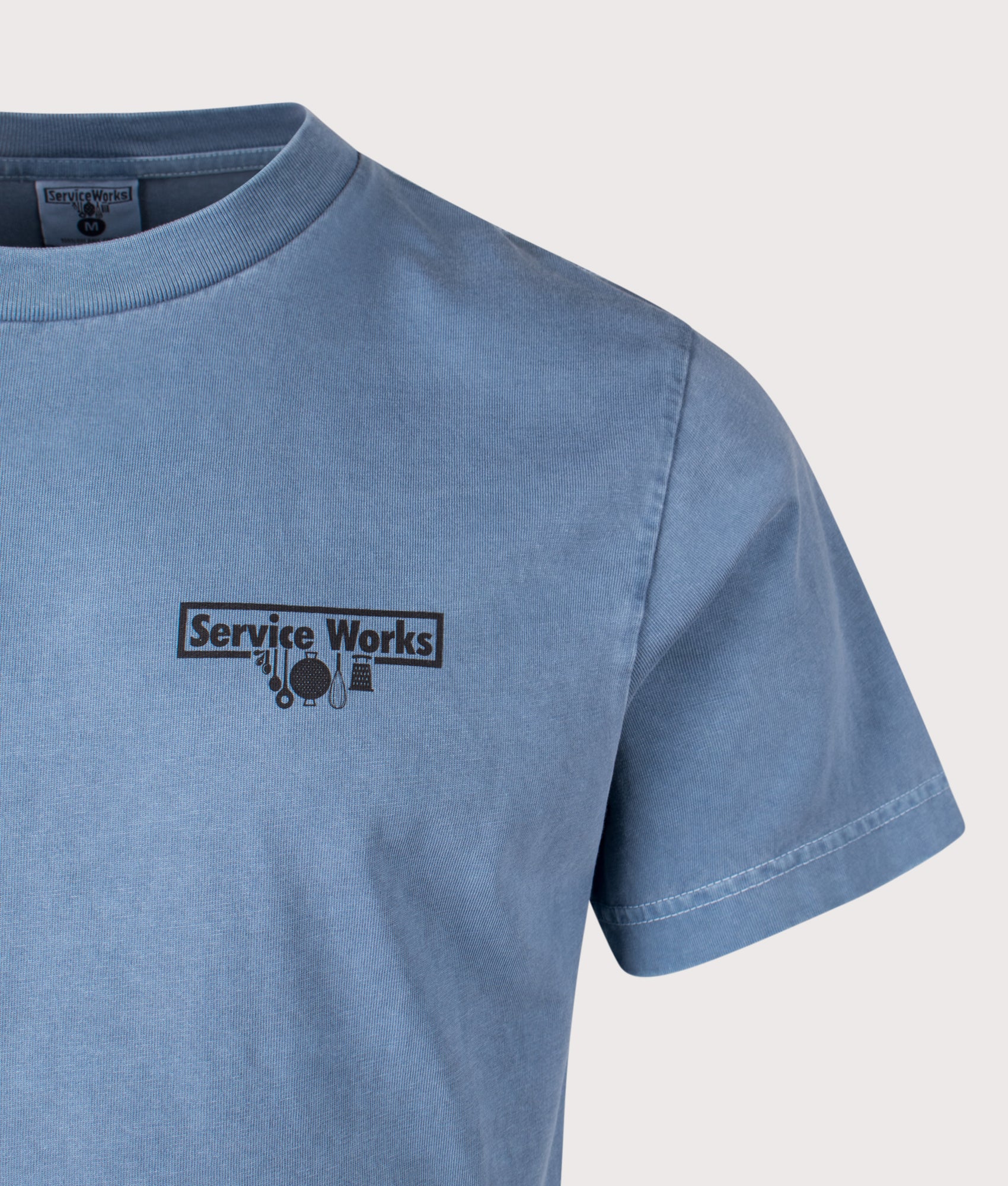 Services Works Pigment Dyed Trademark T-Shirt in Slate at EQVVS Menswear. Detail shot.