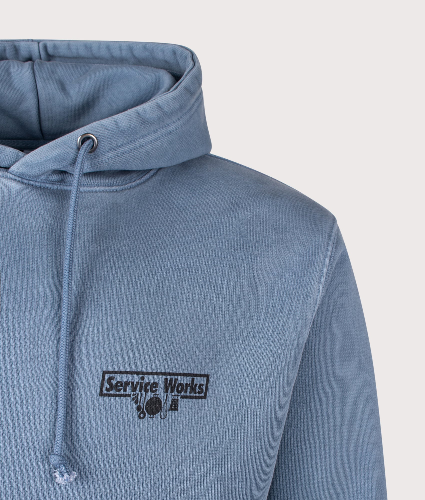 Service Works Loopback Trademark Hoodie in Slate at EQVVS Menswear. Detail shot.