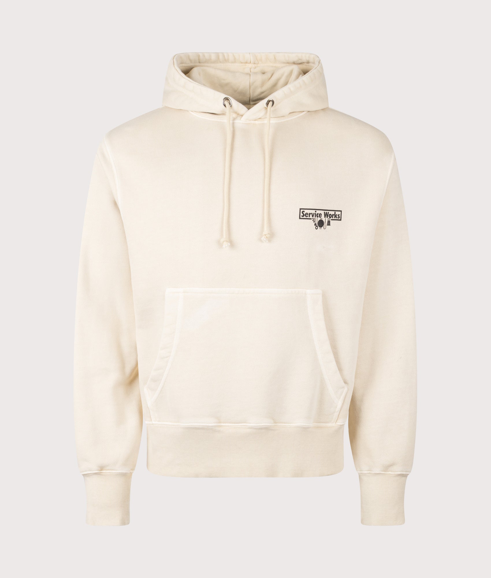 Service Works Loopback Trademark Hoodie in Natural at EQVVS Menswear. Front shot.