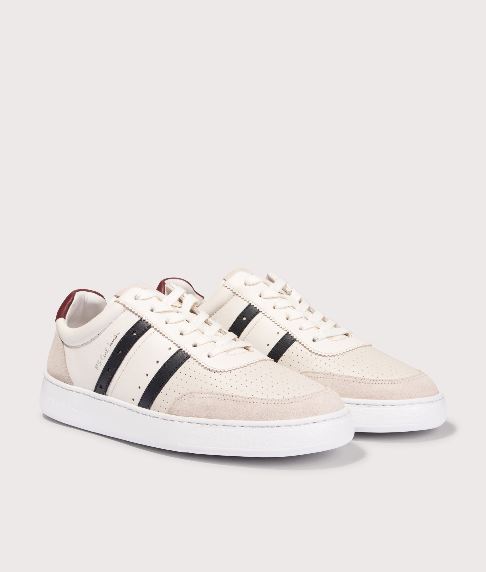 PS Paul Smith Leather Birch Trainers in Off White at EQVVS Menswear. Angled front shot.