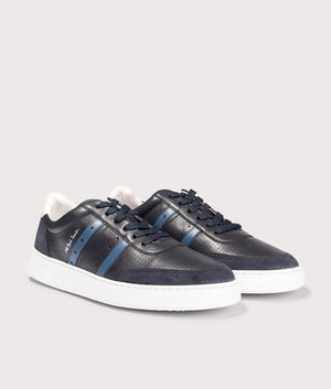 PS Paul Smith Leather Birch Trainers in Navy at EQVVS Menswear. Angled front shot.