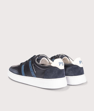 PS Paul Smith Leather Birch Trainers in Navy at EQVVS Menswear. Angled back shot.