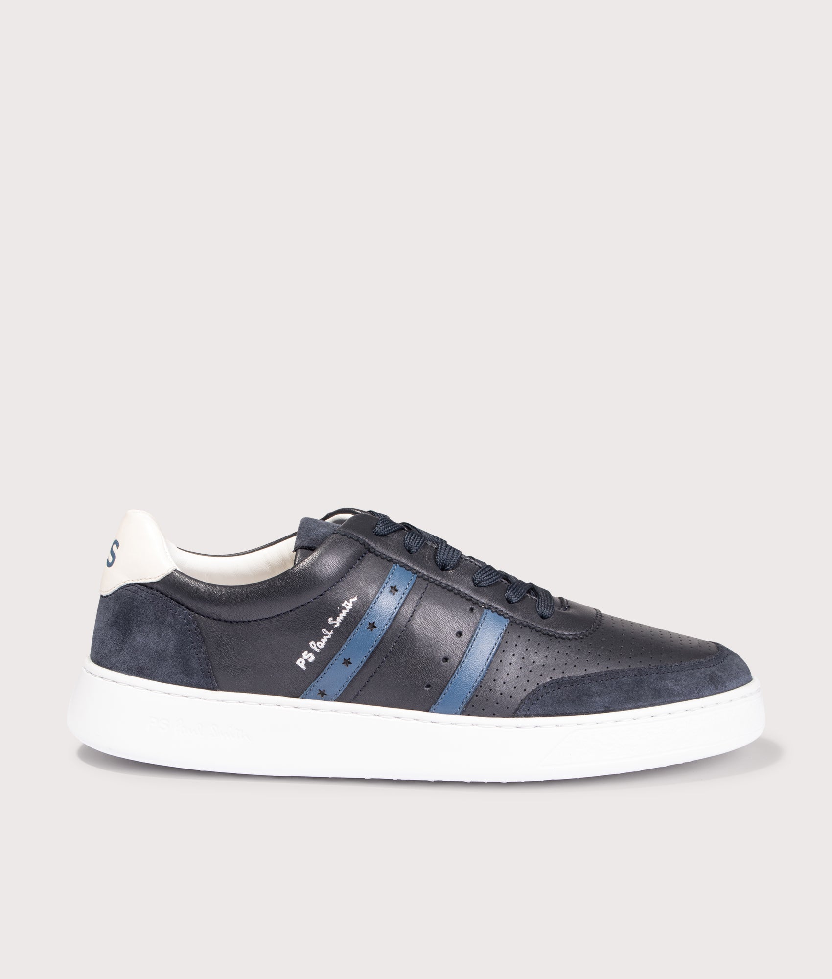 PS Paul Smith Leather Birch Trainers in Navy at EQVVS Menswear. Side shot. 