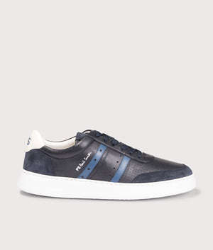 PS Paul Smith Leather Birch Trainers in Navy at EQVVS Menswear. Side shot. 