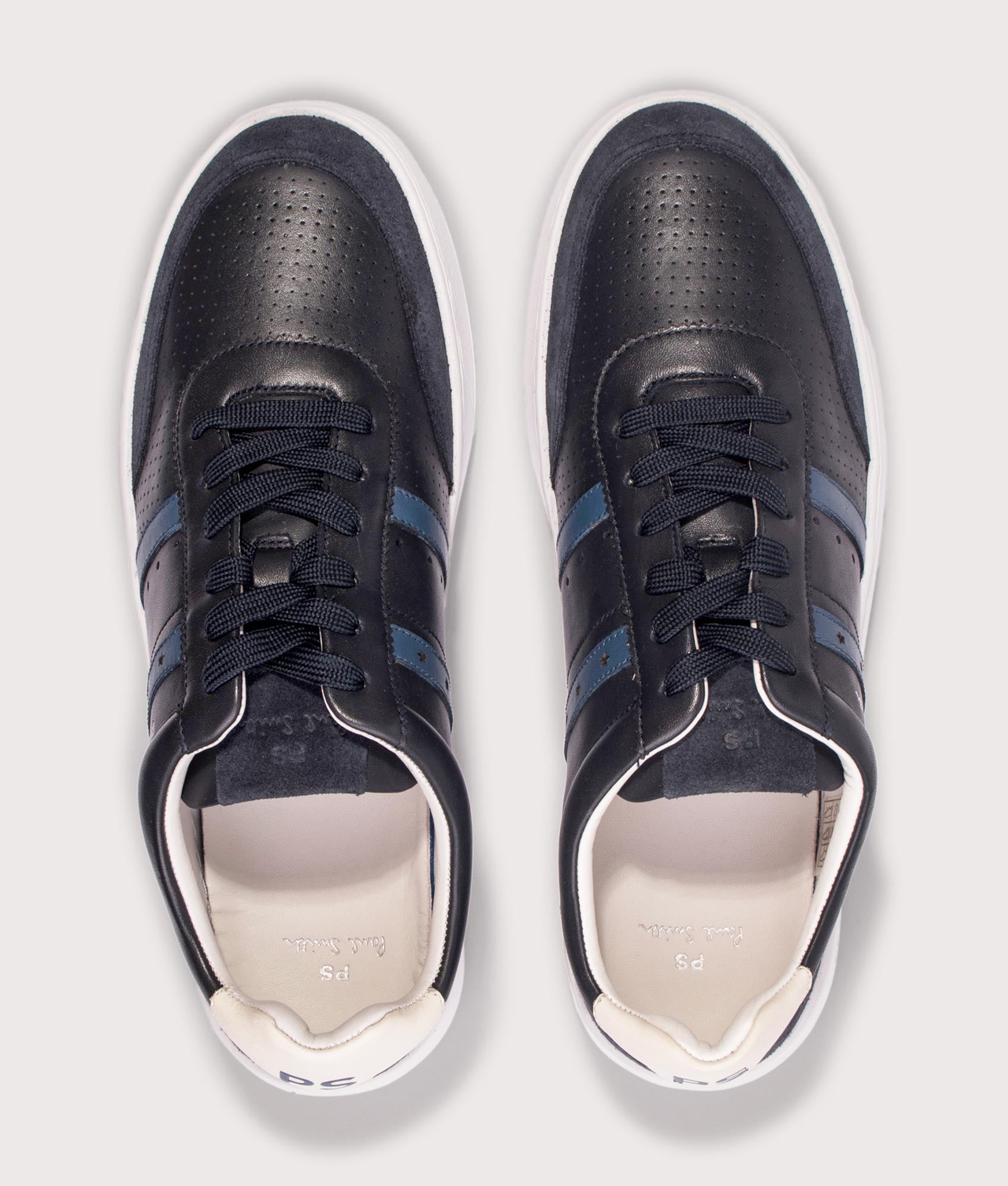 PS Paul Smith Leather Birch Trainers in Navy at EQVVS Menswear. Above shot.