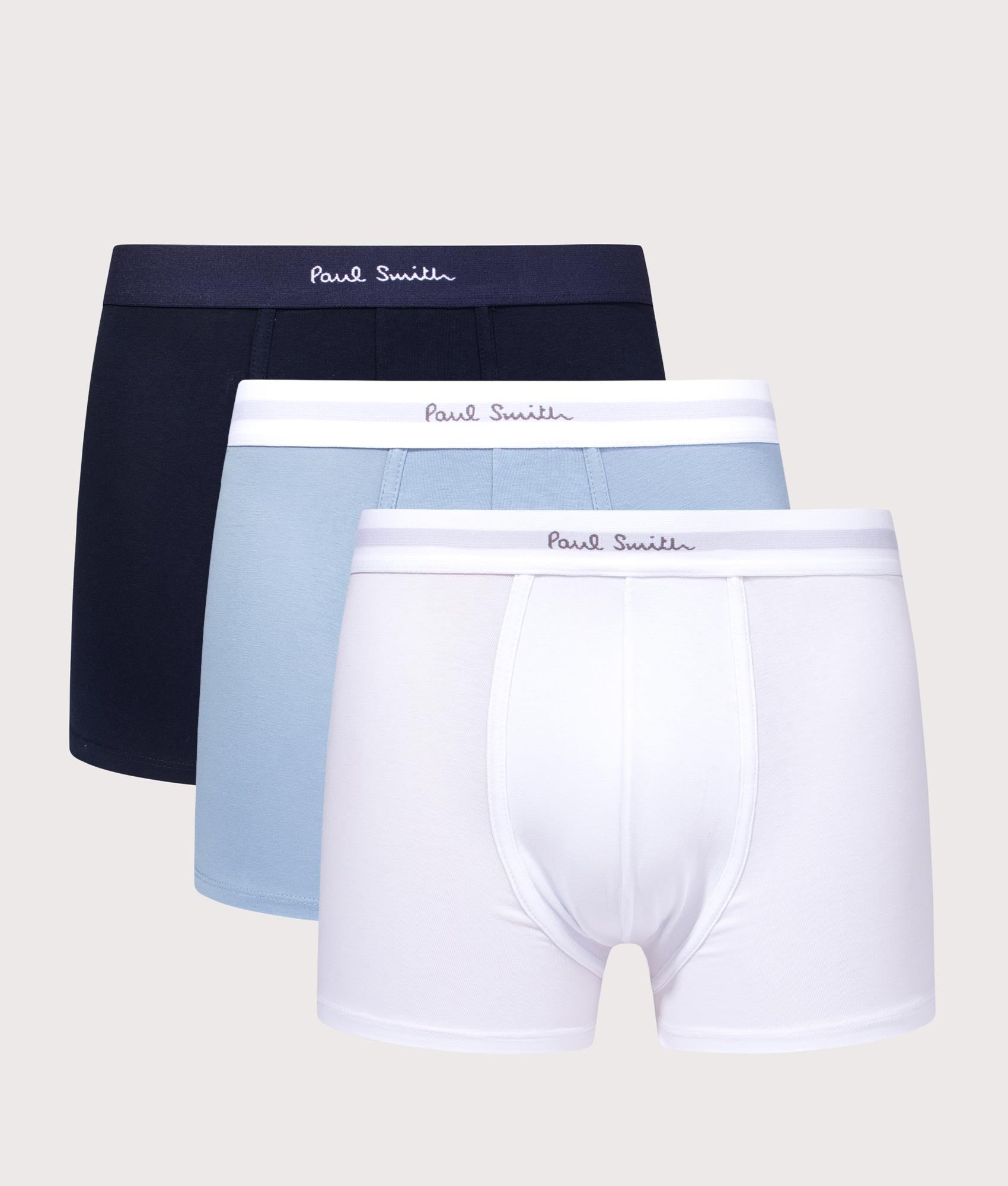 PS Paul Smith 3 Pack plain trunks in Navy, Light Blue and White at EQVVS Menswear. Front shot.