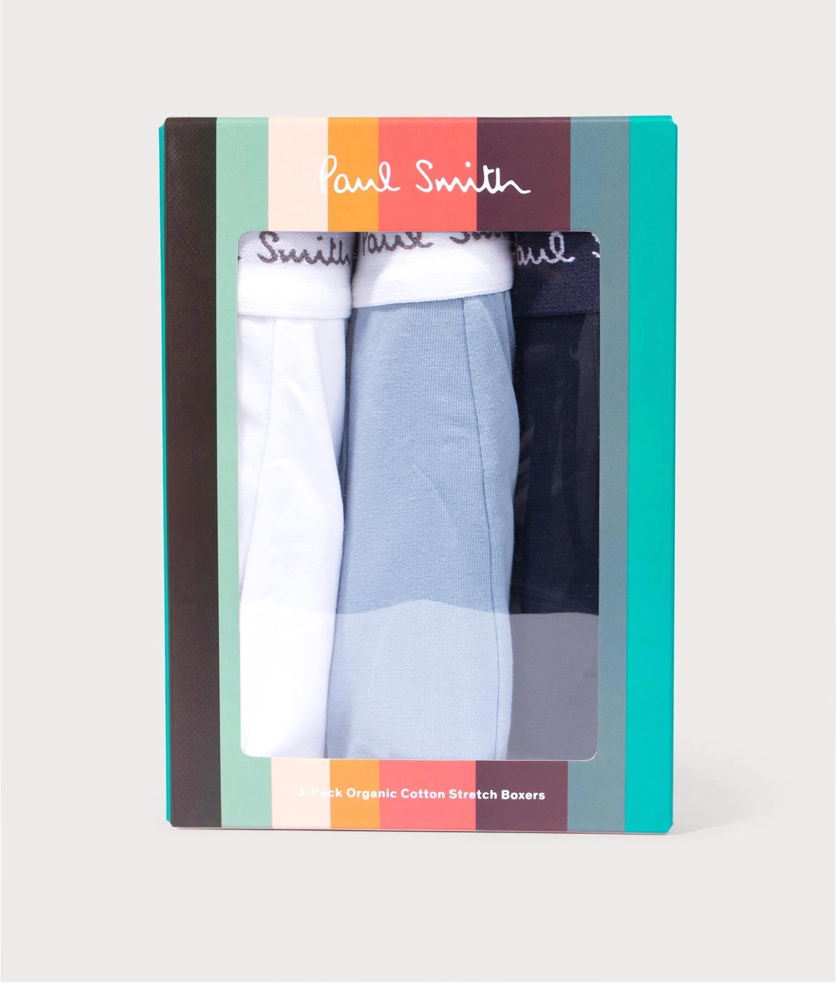 PS Paul Smith 3 Pack plain trunks in Navy, Light Blue and White at EQVVS Menswear. Packaging shot.