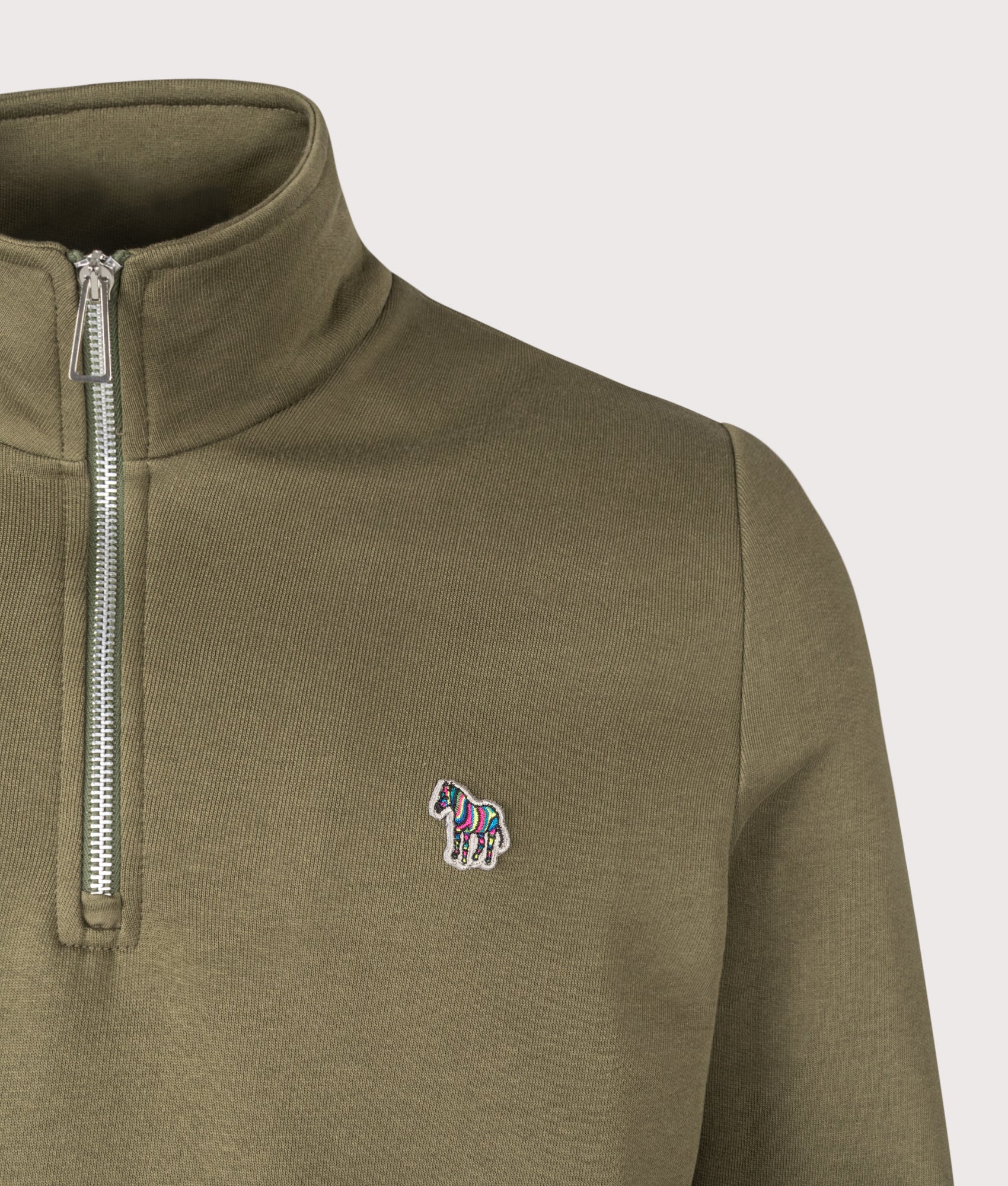 Quarter Zip Zebra Sweatshirt in Green | 100% Organic Cotton | PS Paul Smith | EQVVS | Front detail shot 
