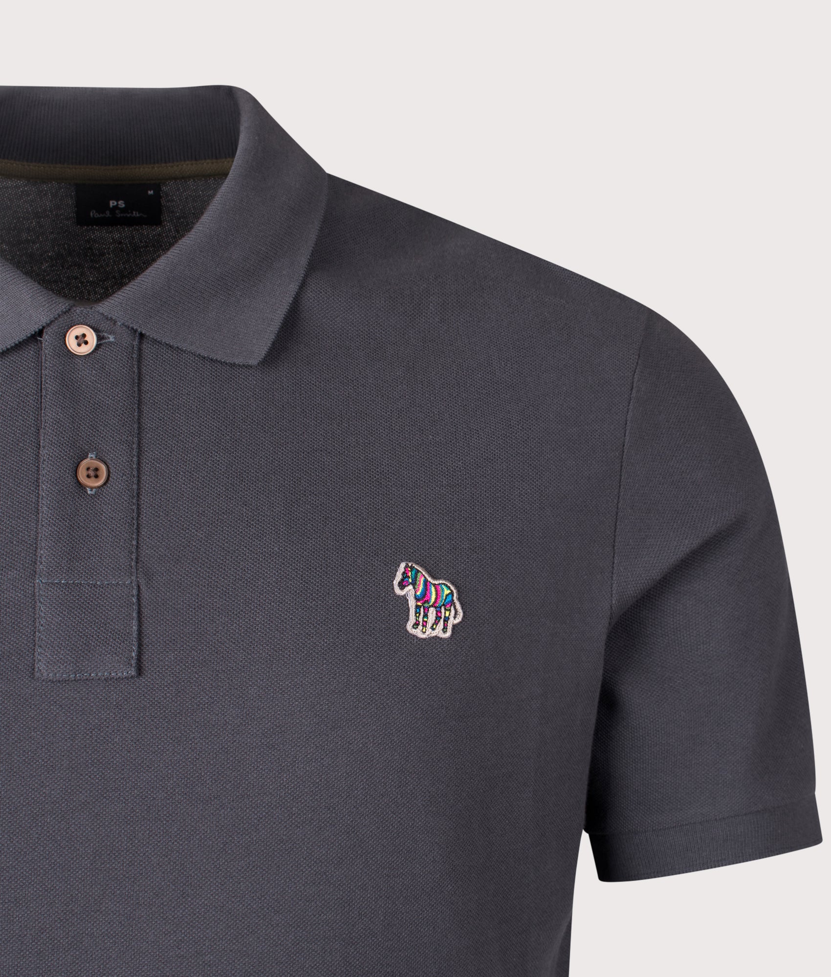 Zebra Piqué Polo Shirt in Grey | 100% Organic Cotton | PS Paul Smith | EQVVS | Front detail shot 