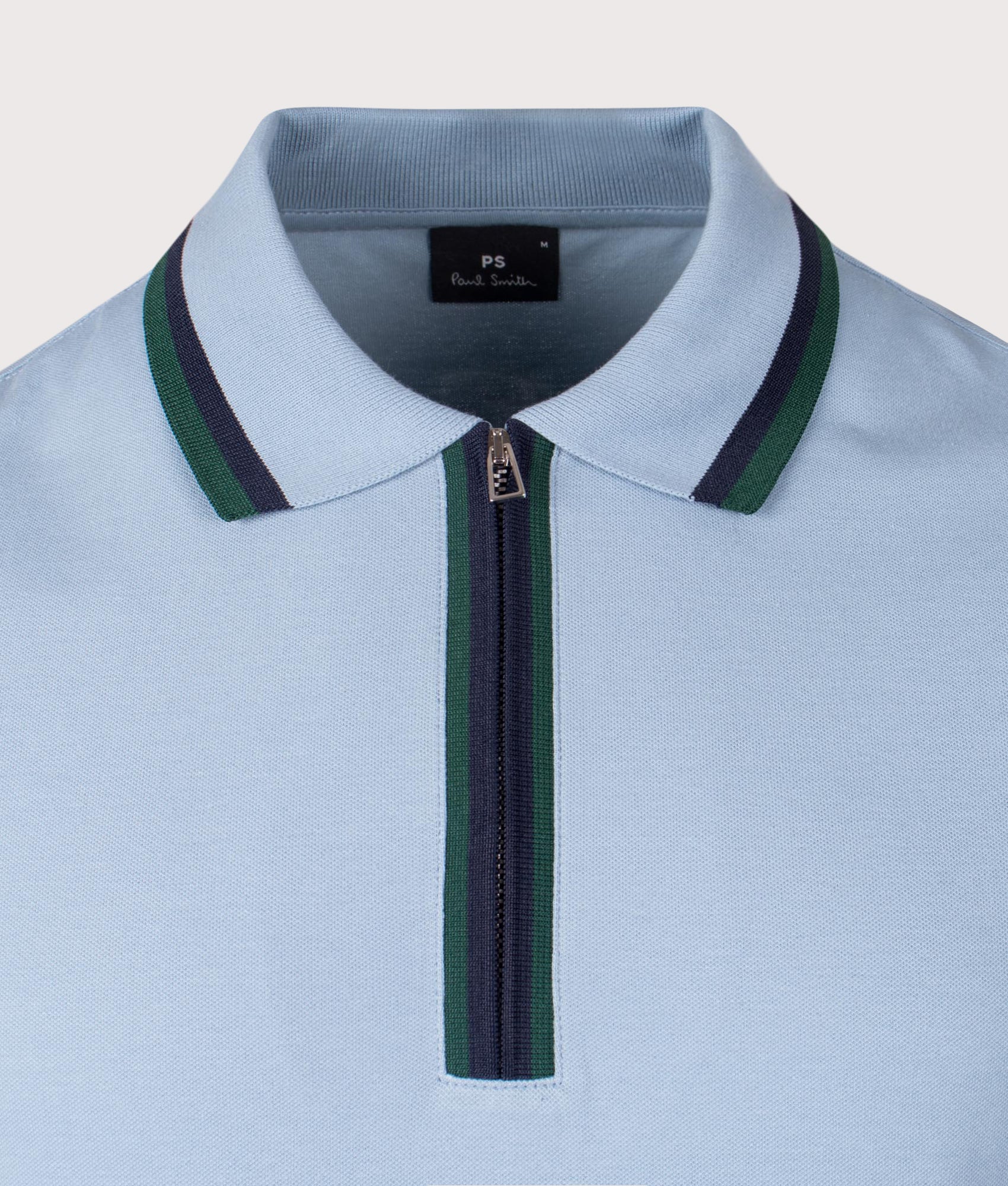 Quarter Zip Polo Shirt in Blue | 100% Organic Cotton | PS Paul Smith | EQVVS | Front detail shot 