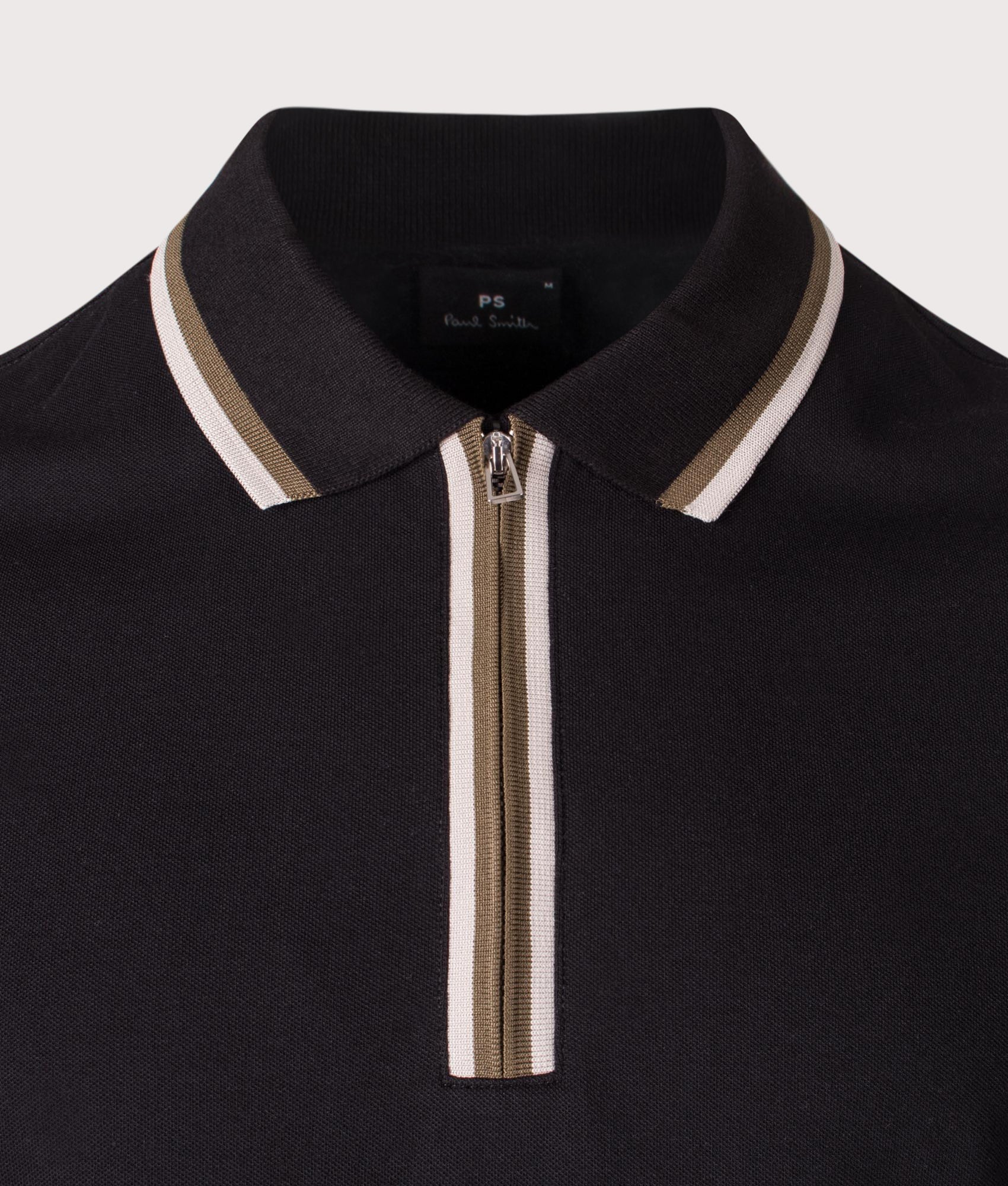 Quarter Zip Polo Shirt in Black | PS Paul Smith | 94% Organic Cotton, 6% Elastane | EQVVS | Front detail shot 