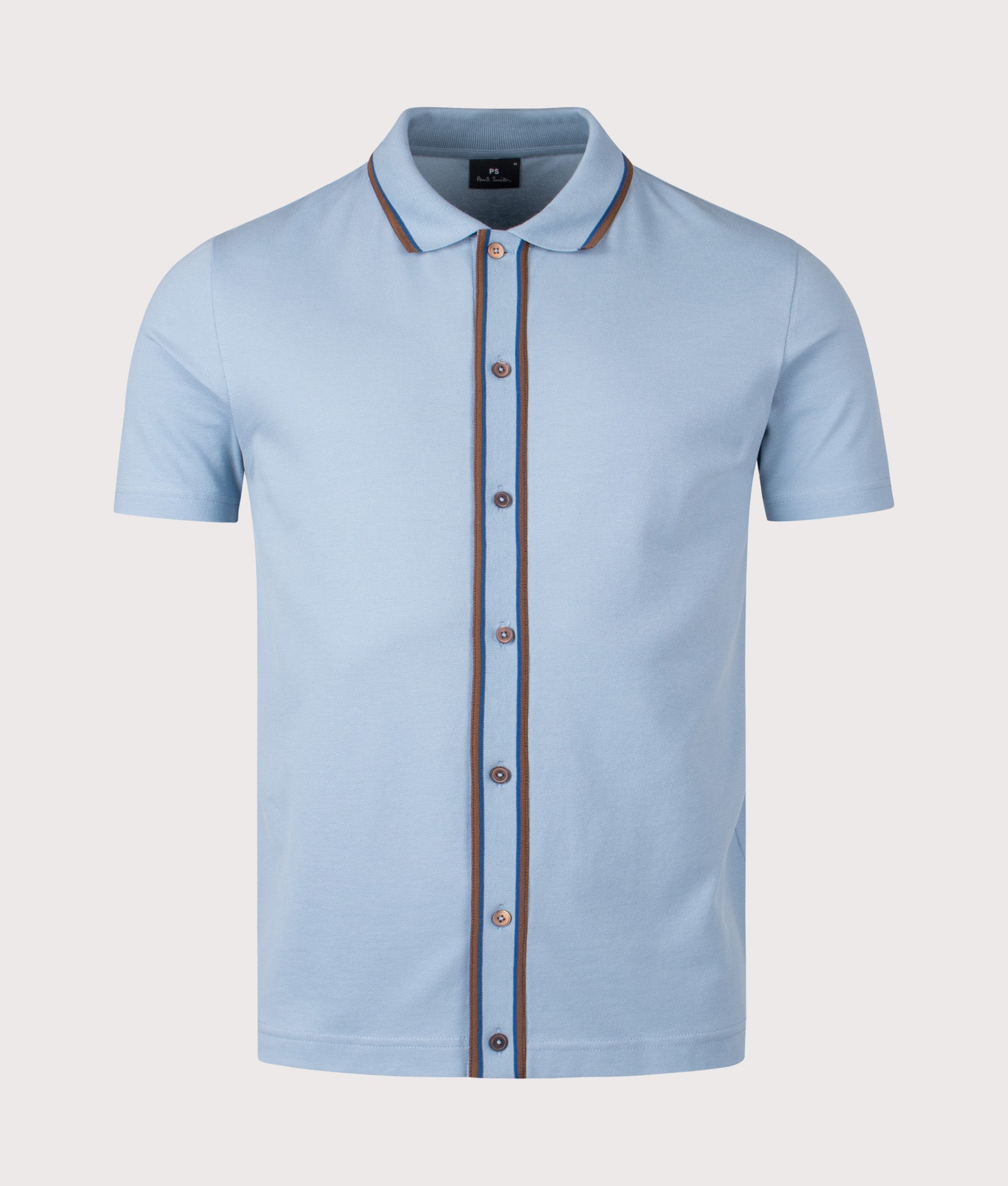 Paul Smith Button Front Polo Shirt in Blue at EQVVS Menswear. Front shot.
