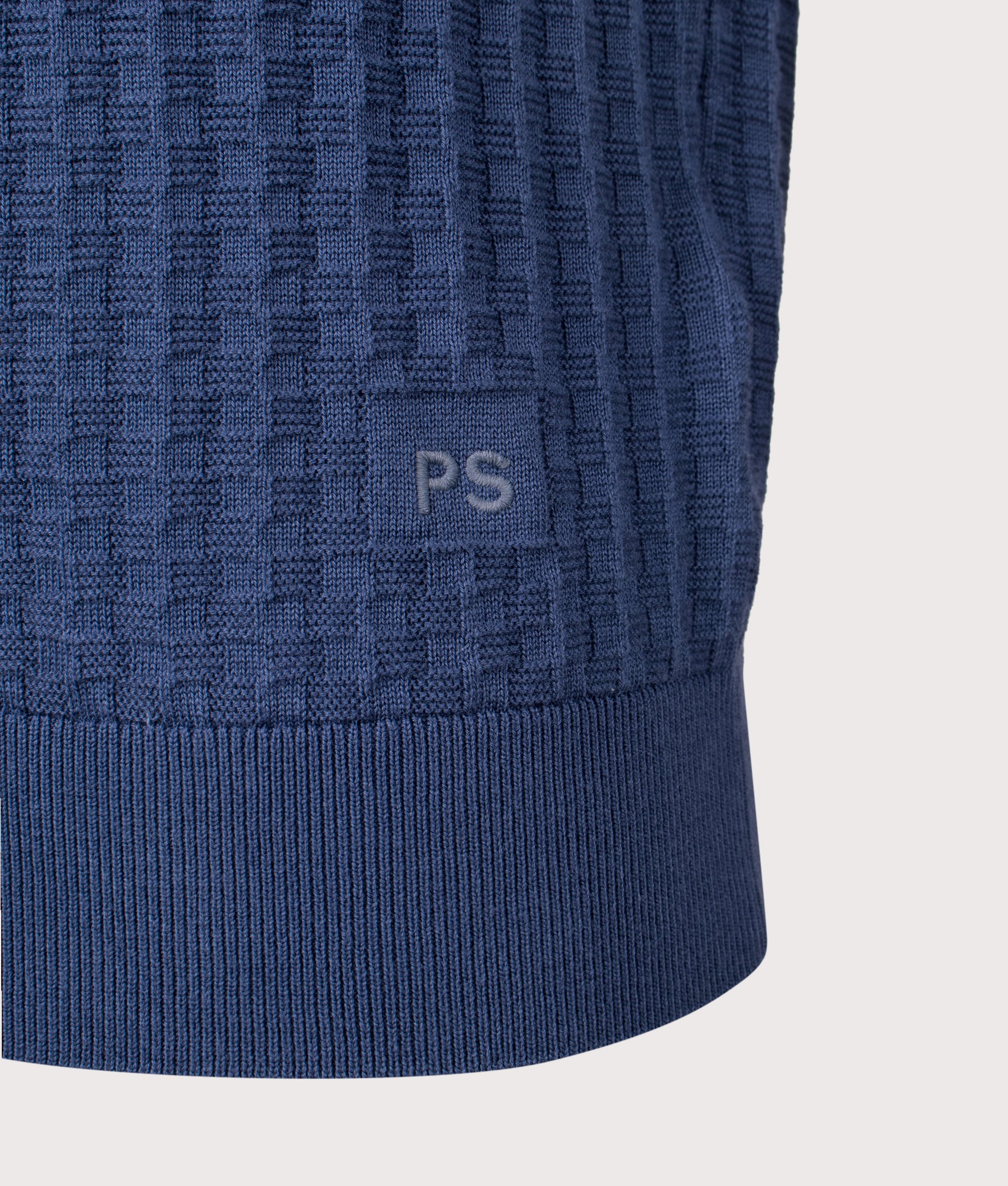 Waffle Knit Polo Shirt in Blue | 100% Organic Cotton | PS Paul Smith | EQVVS | Front detail shot 