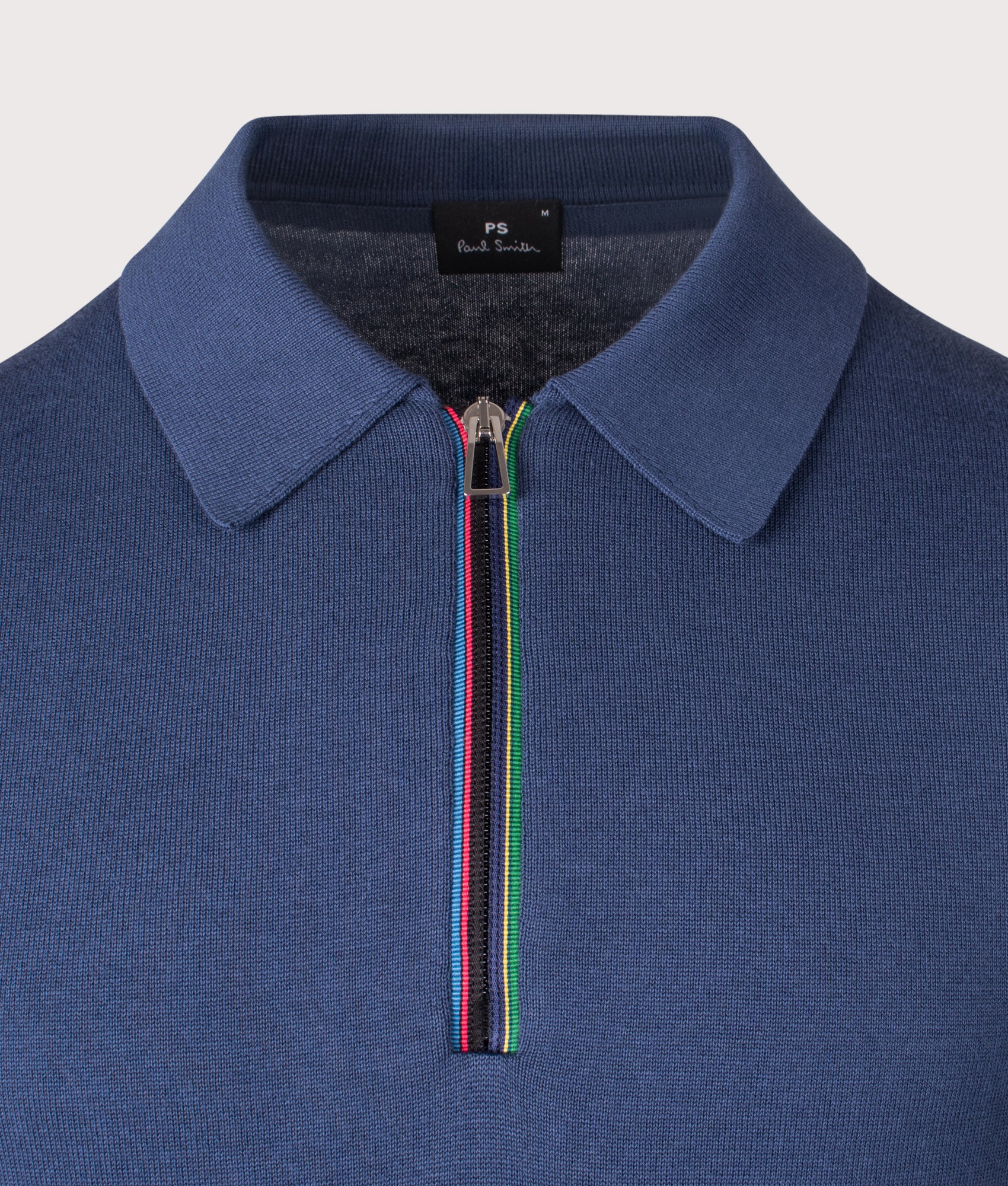 Sports Stripe Long Sleeve Polo Shirt in Blue | 100% Organic Cotton | PS Paul Smith | EQVVS | Front detail shot 