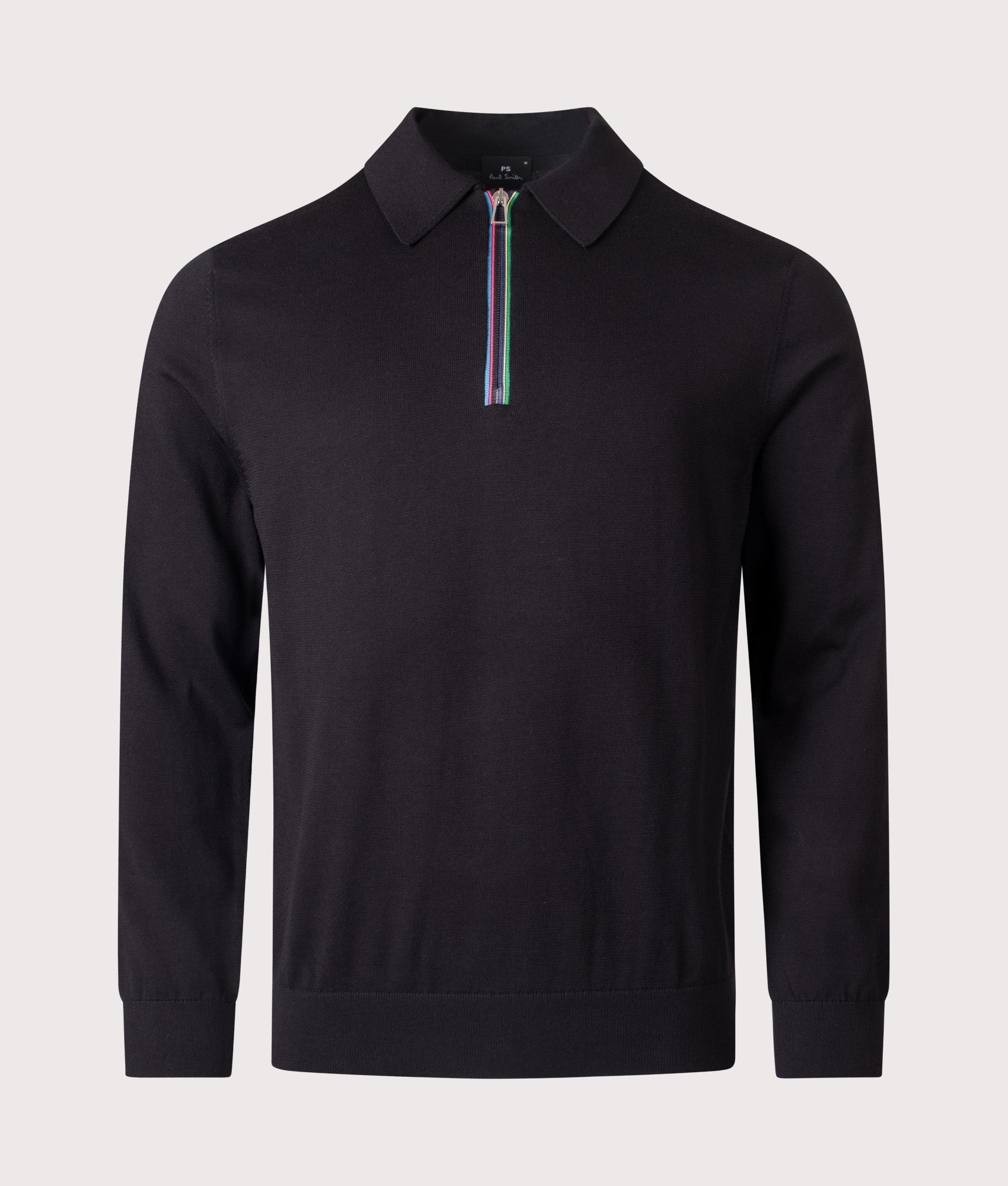 Sports Stripe Long Sleeve Polo Shirt in Black | 100% Organic Cotton | PS Paul Smith | EQVVS | Front shot 