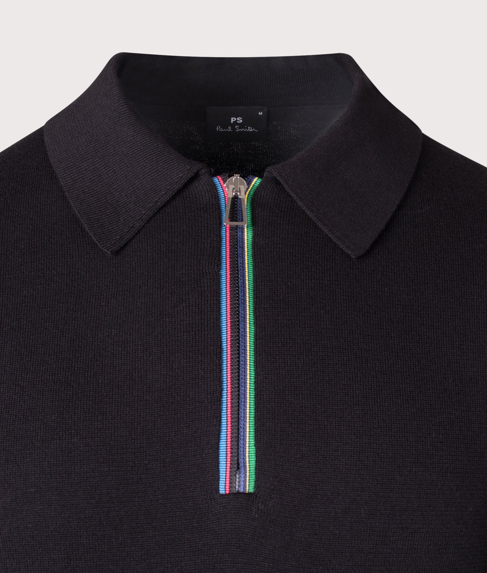 Sports Stripe Long Sleeve Polo Shirt in Black | 100% Organic Cotton | PS Paul Smith | EQVVS | Front detail shot 