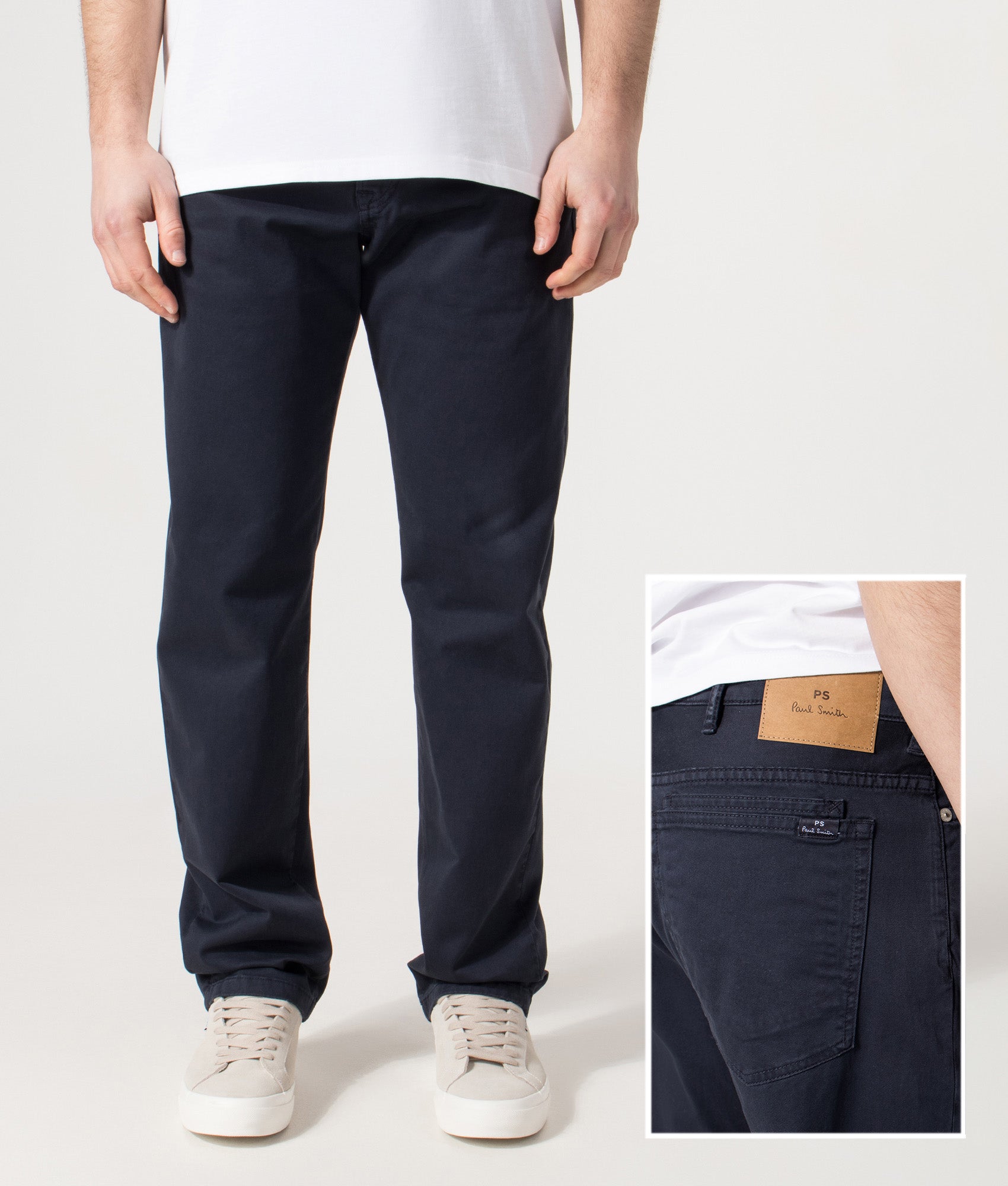 PS Paul Smith Relaxed Fit Tapered Jeans in Blue at EQVVS Menswear. Front and back detail shot.