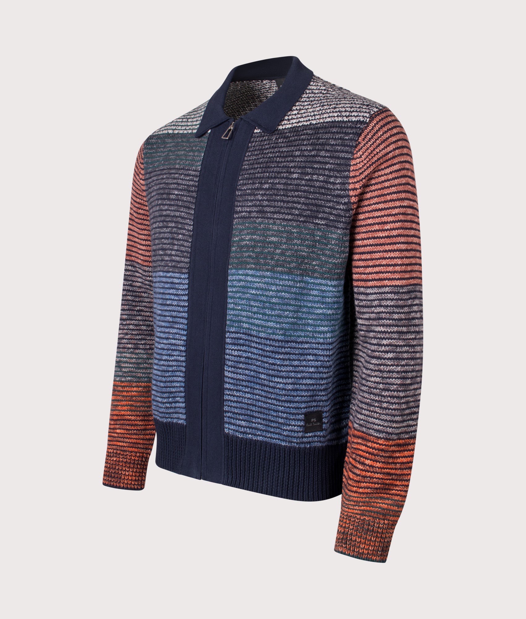 Patchwork Zip Through Cardigan in Blue | PS Paul Smith | EQVVS | Front angle shot 