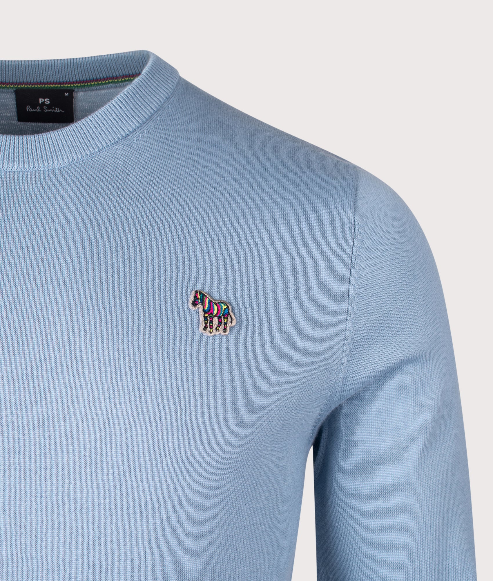 Zebra Badge Knit Jumper in Blue | 100% Cotton | PS Paul Smith | EQVVS | Front detail shot 