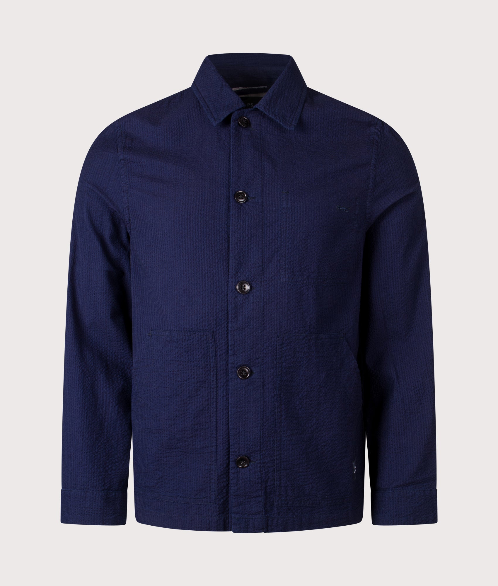 PS Paul Smith Relaxed Fit Cotton Seersucker Work Jacket in Blue at EQVVS Menswear. Front shot.