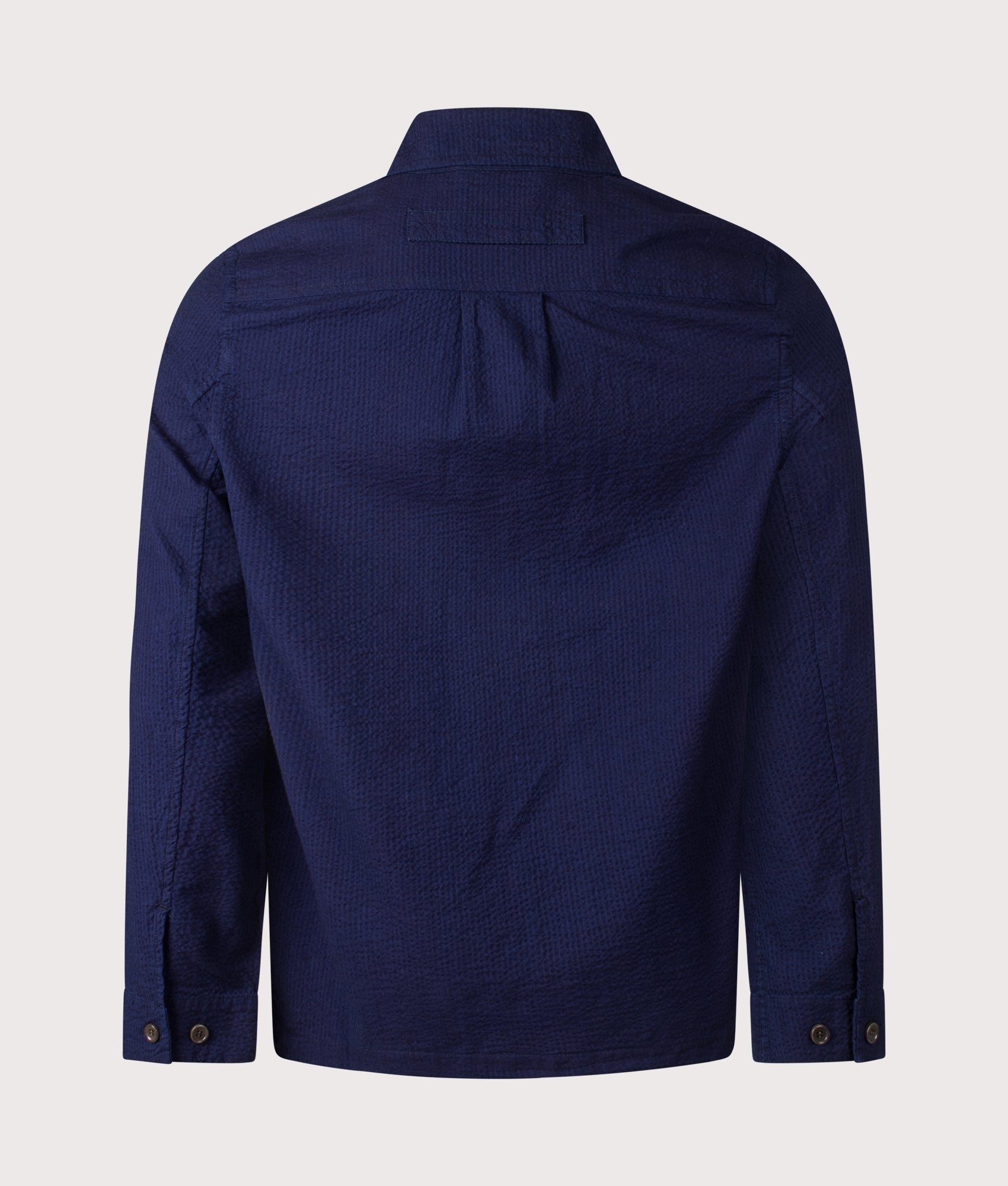 PS Paul Smith Relaxed Fit Cotton Seersucker Work Jacket in Blue at EQVVS Menswear. Back shot.