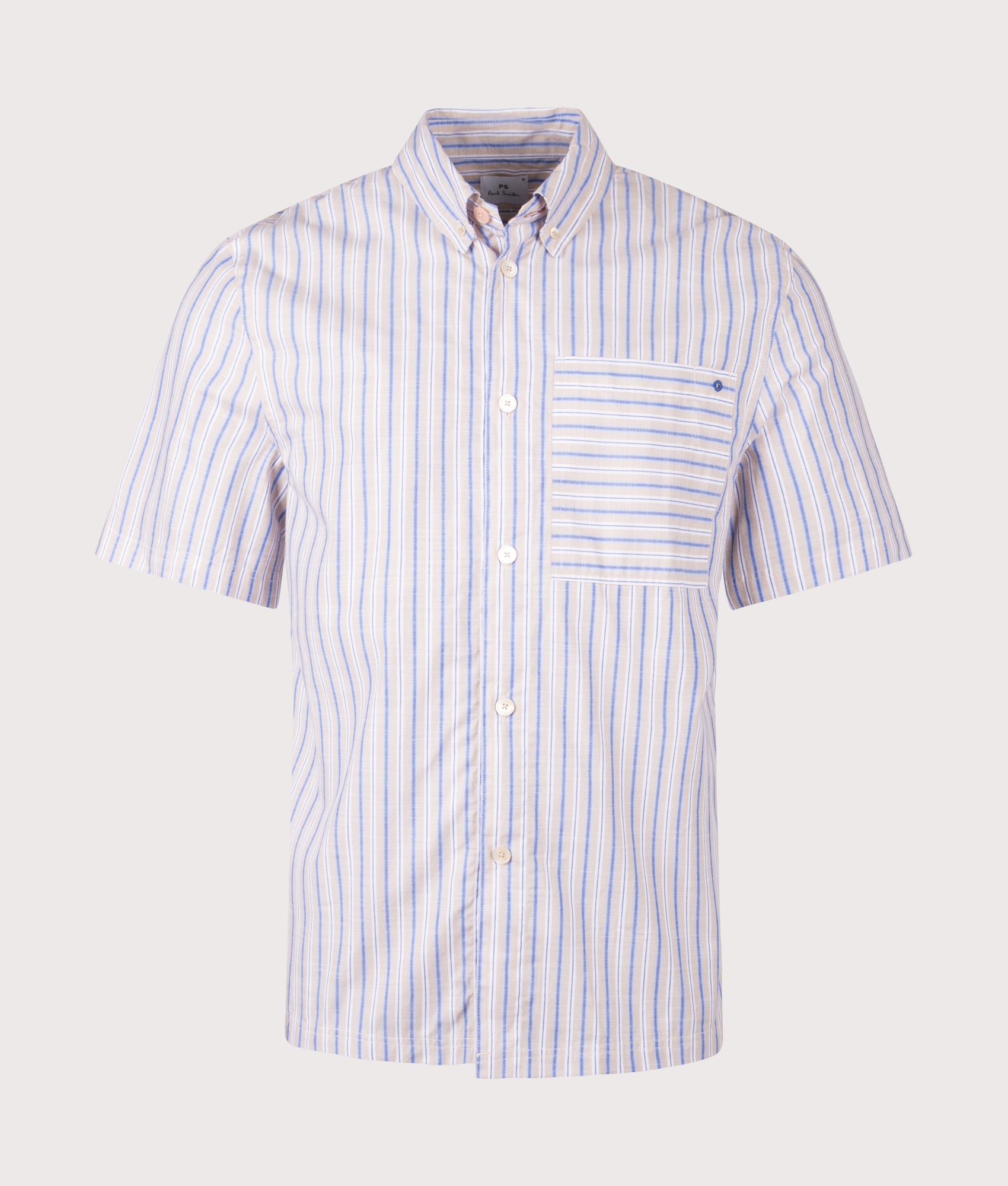 PS Paul Smith Relaxed Fit Shirt in Tan and Blue at EQVVS Menswear. Front shot.