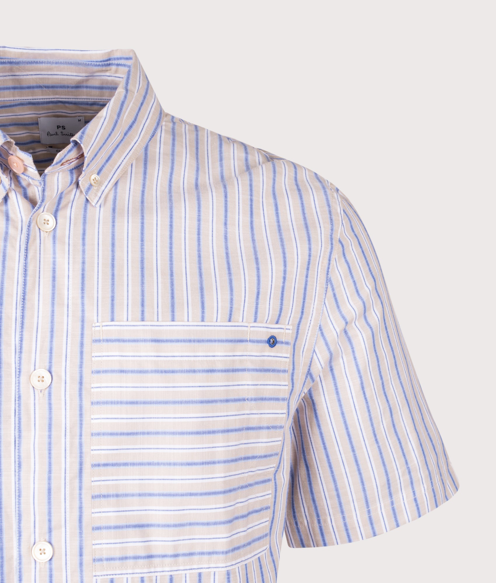 PS Paul Smith Relaxed Fit Shirt in Tan and Blue at EQVVS Menswear. Detail shot.