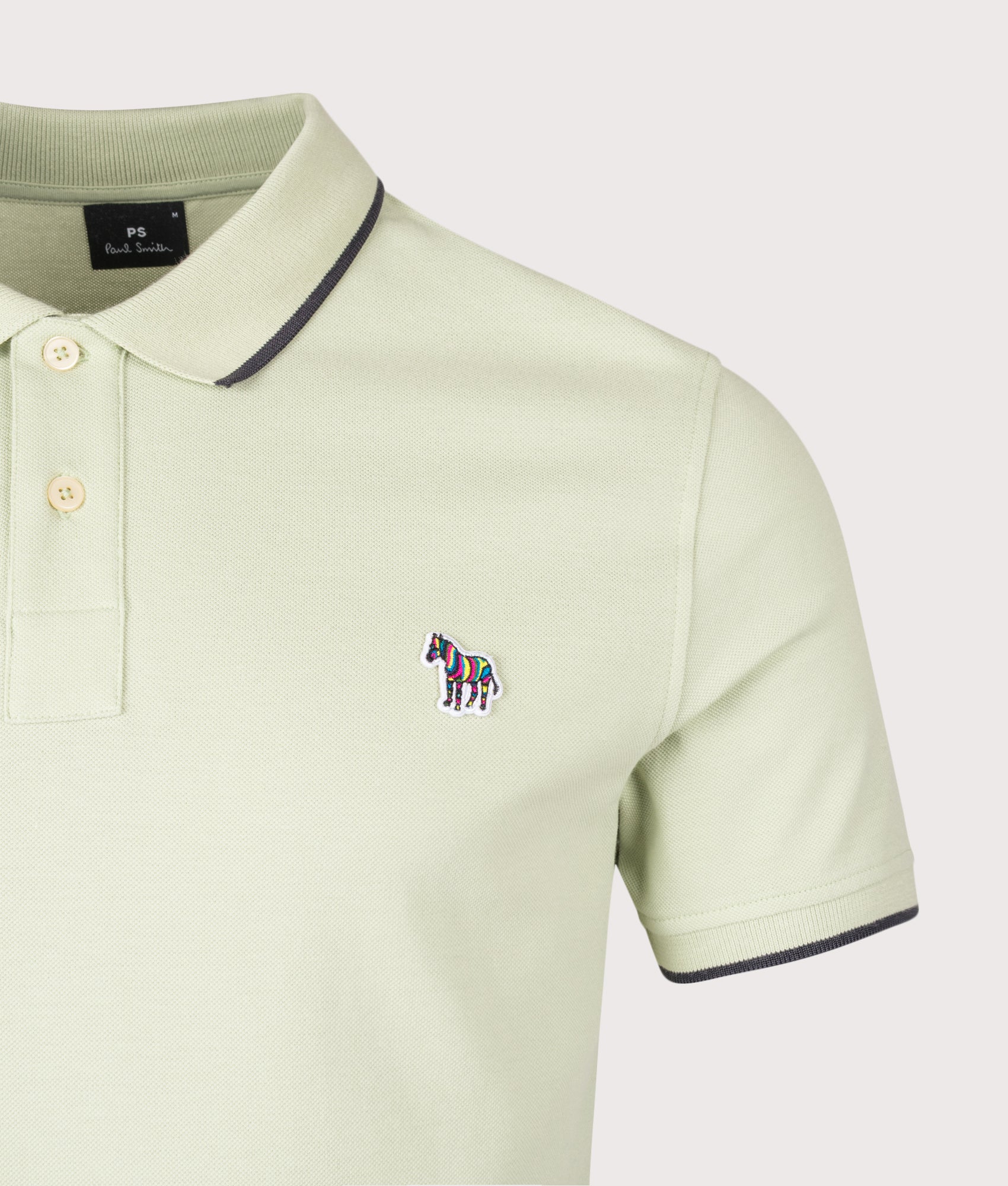 PS Paul Smith Slim Fit Zebra Polo Shirt in Green at EQVVS Menswear. Detail shot.