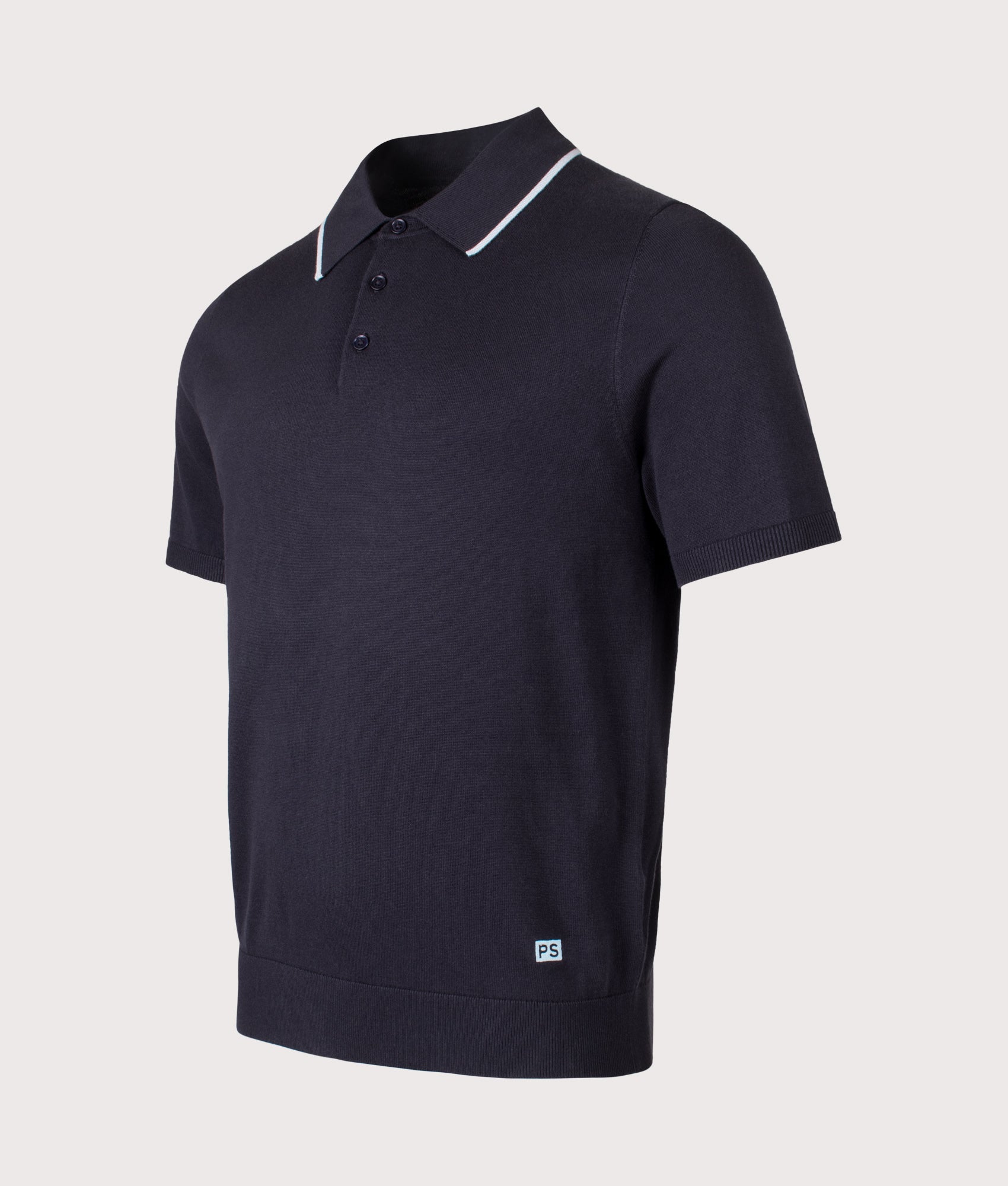 PS Paul Smith Knit Polo Shirt in Blue at EQVVS Menswear. Angled front shot.