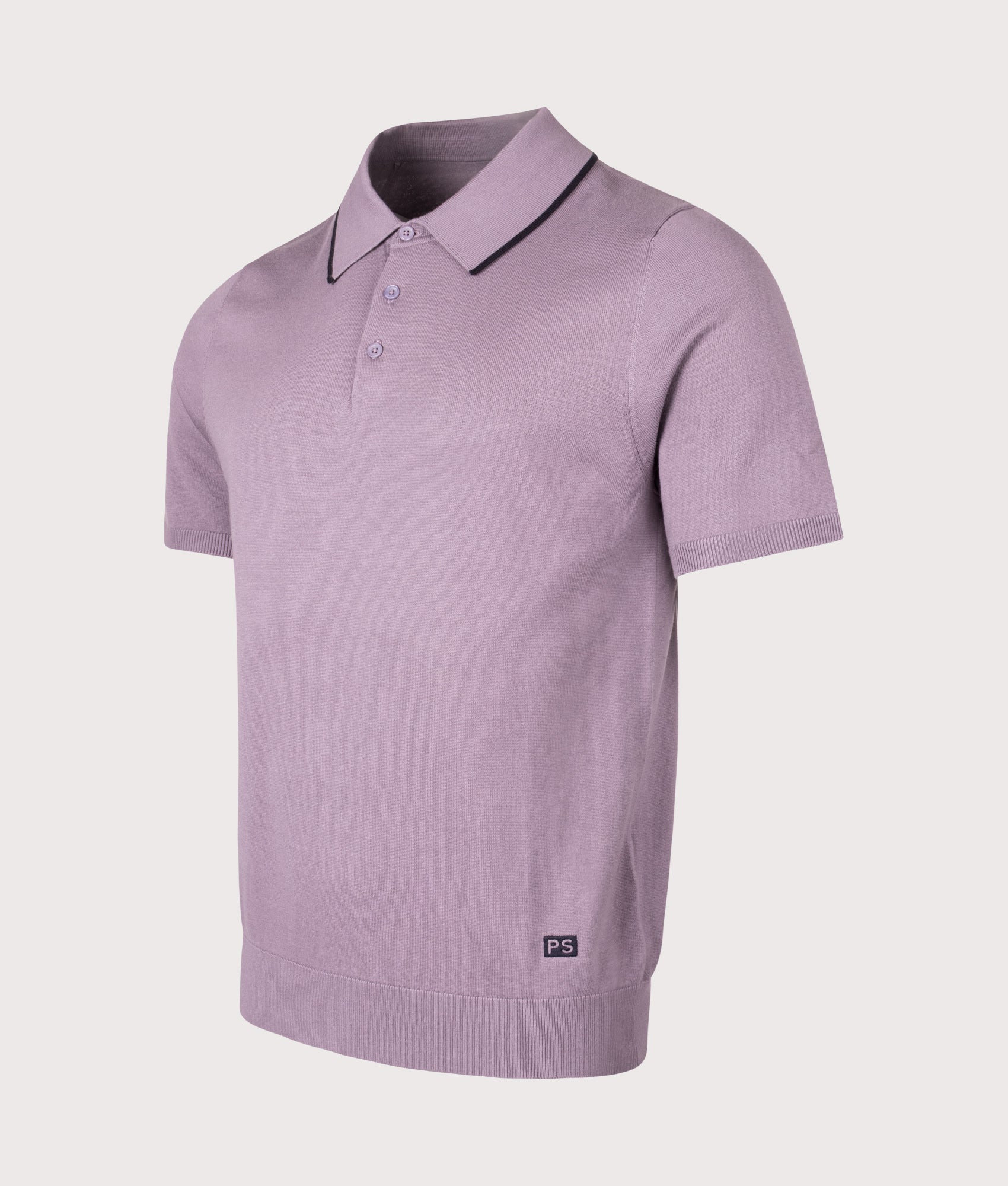 PS Paul Smith Knit Polo Shirt in Purple at EQVVS Menswear. Angled front shot.