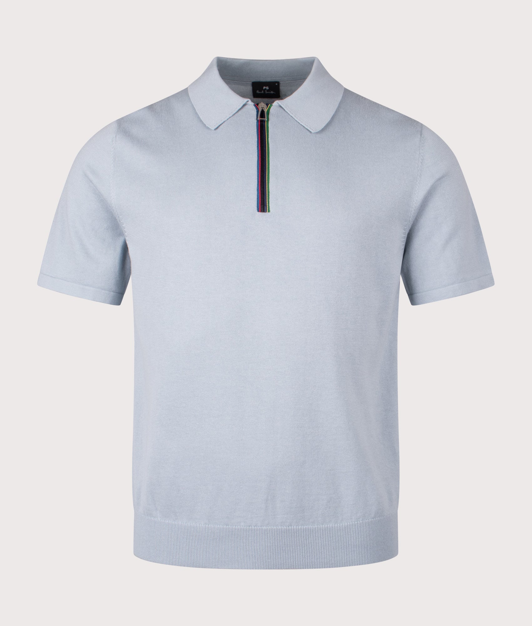PS Paul Smith Sport Stripe Zip Knitted Cotton Polo Shirt in Blue at EQVVS Menswear. Front shot.