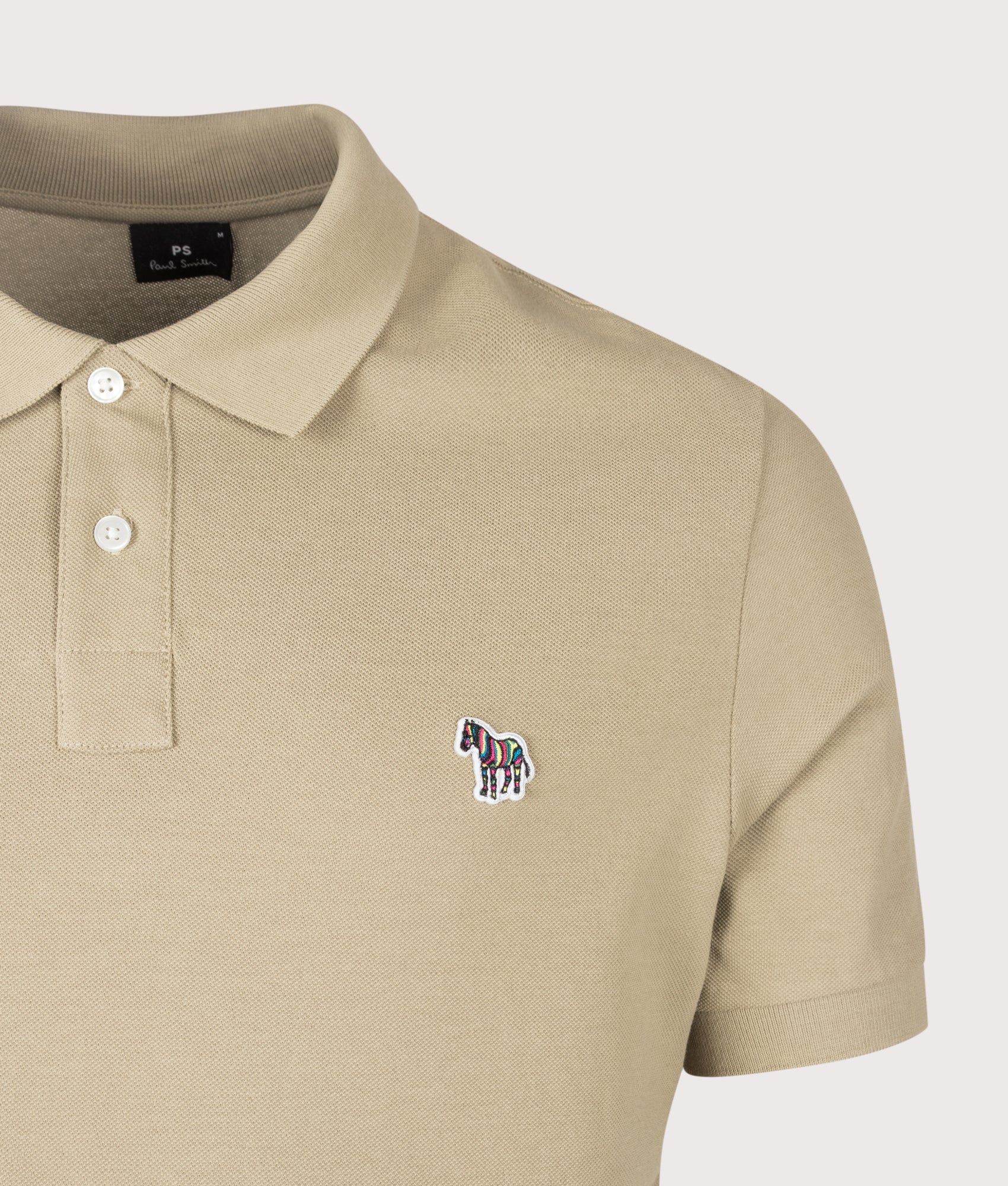 PS Paul Smith Regular Fit Zebra Polo Shirt in Medium Beige at EQVVS Menswear. Detail shot.