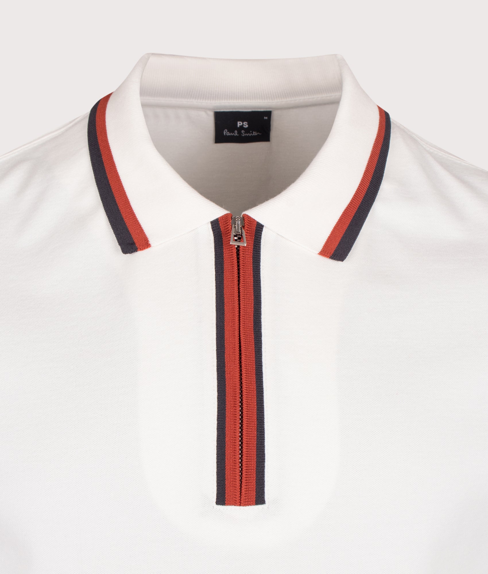 PS Paul Smith Regular Fit Quarter Zip Polo Shirt in Off White at EQVVS Menswear. Detail shot.