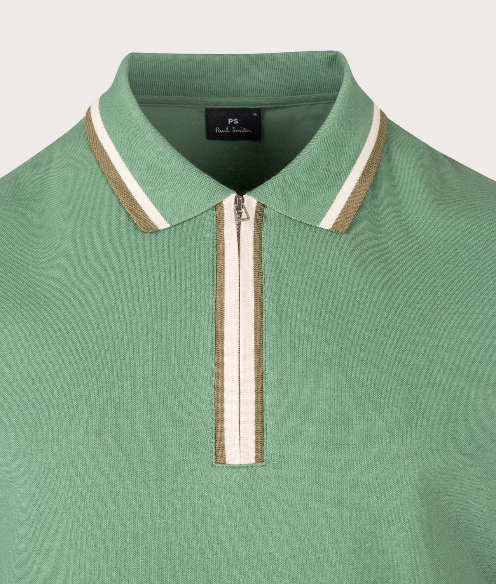 PS Paul Smith Regular Fit Quarter Zip Polo Shirt in Emerald Green at EQVVS Menswear. Detail shot.
