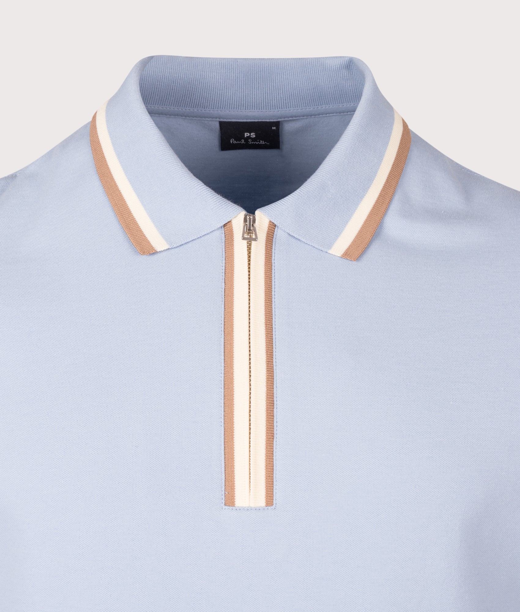 PS Paul Smith Regular Fit Quarter Zip Polo Shirt in Light Blue at EQVVS Menswear. Detail shot.
