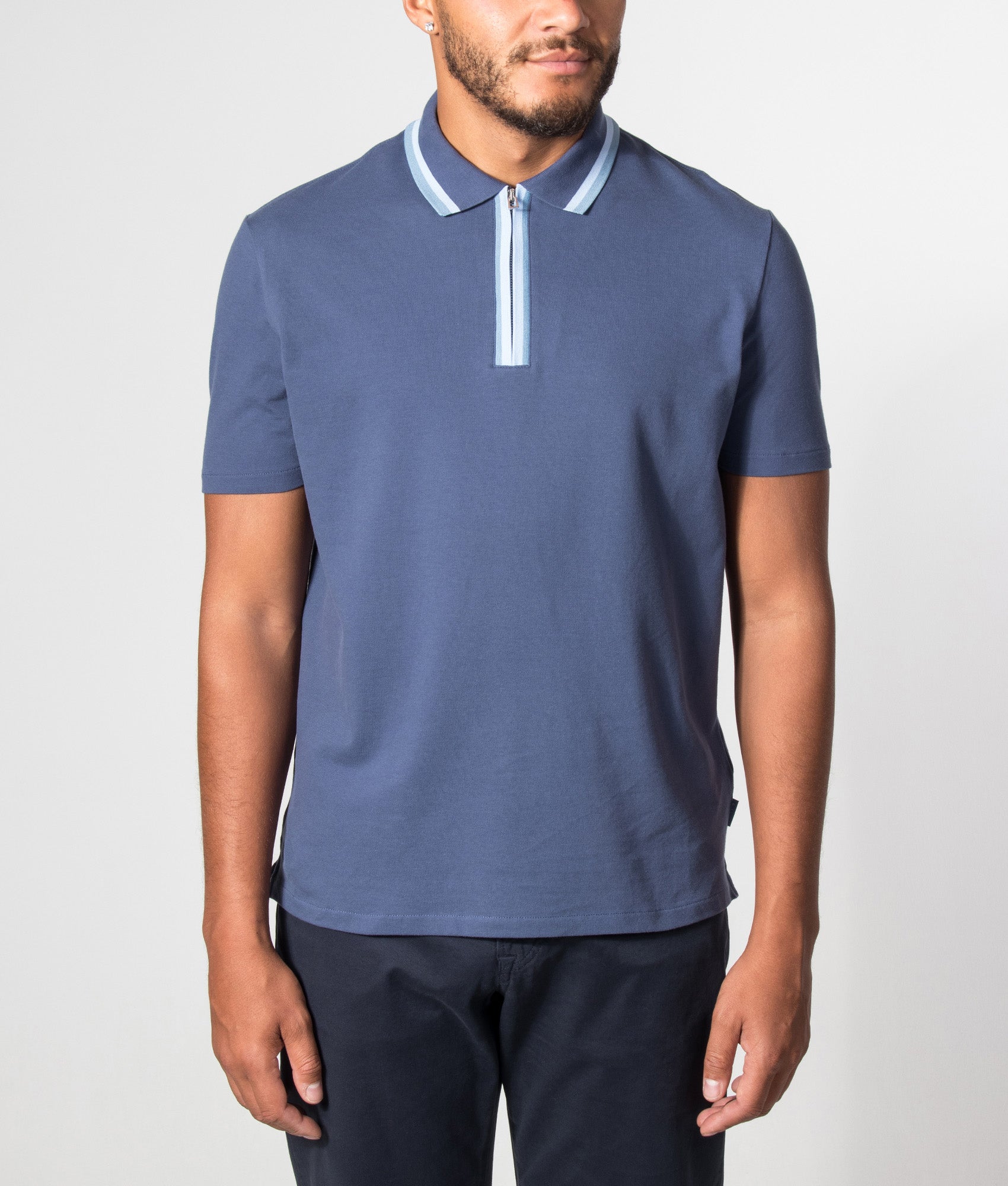 PS Paul Smith Regular Fit Quarter Zip Polo Shirt in Indigo at EQVVS Menswear. Model front shot.