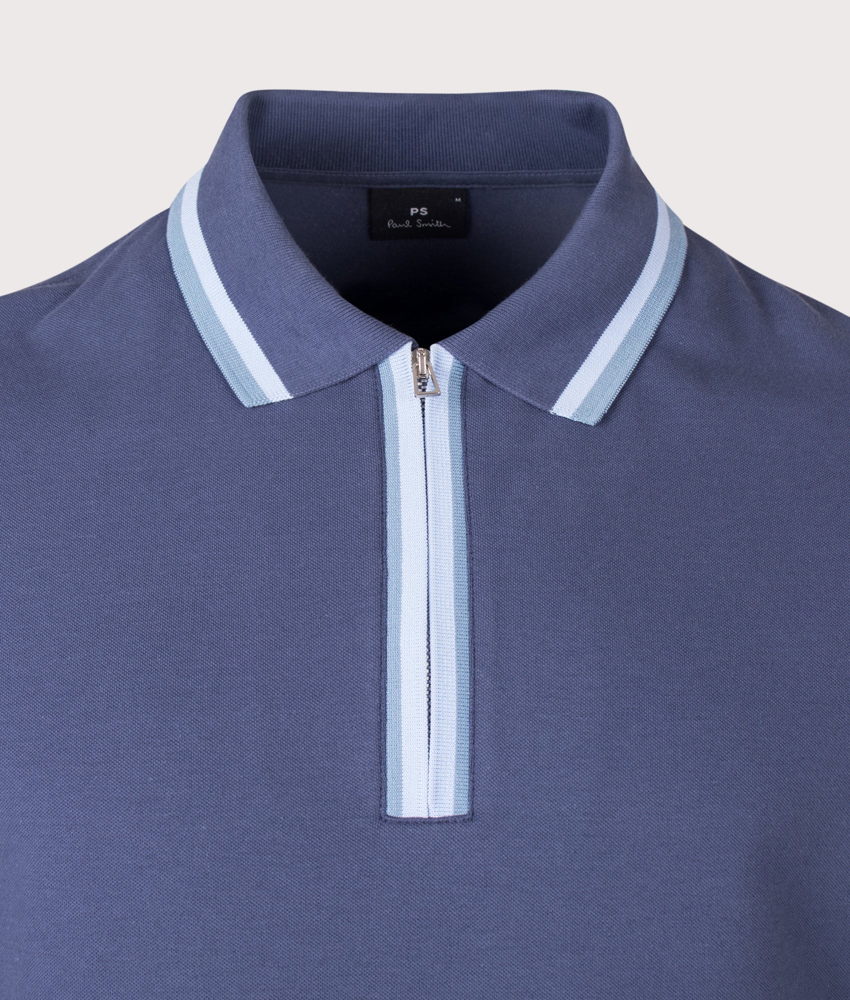 PS Paul Smith Regular Fit Quarter Zip Polo Shirt in Indigo at EQVVS Menswear. Detail shot.