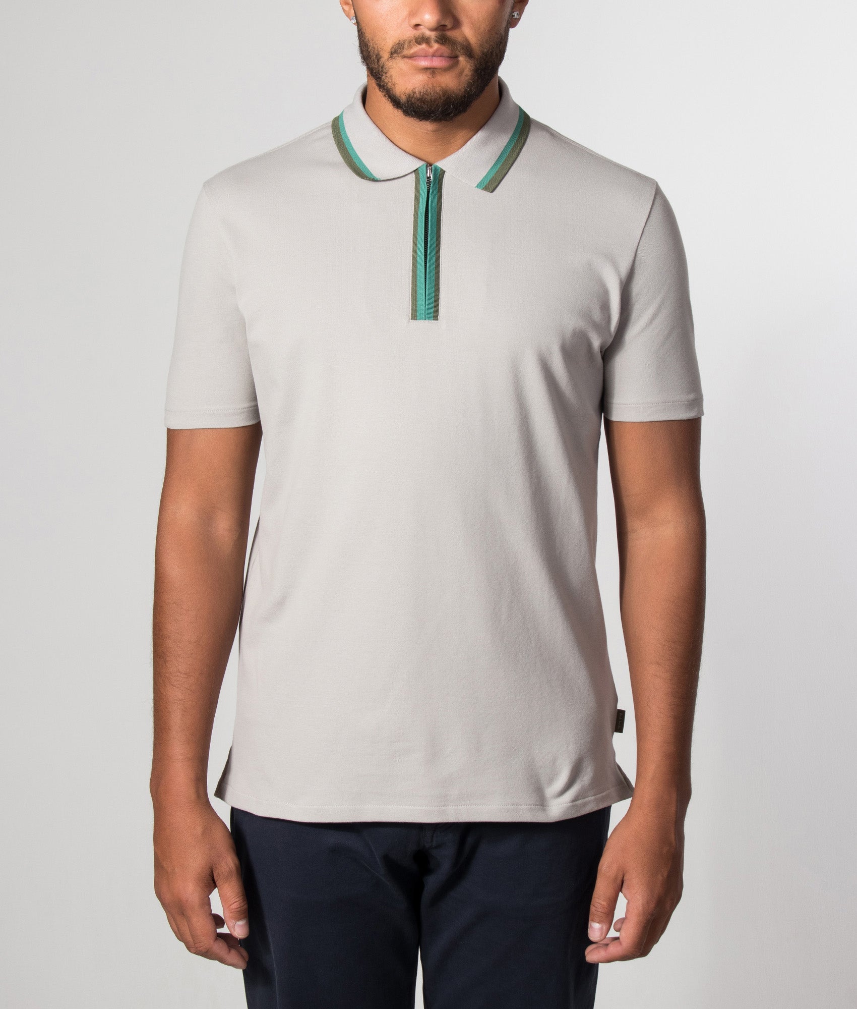 PS Paul Smith Regular Fit Quarter Zip Polo Shirt in Grey at EQVVS Menswear. Model front shot.