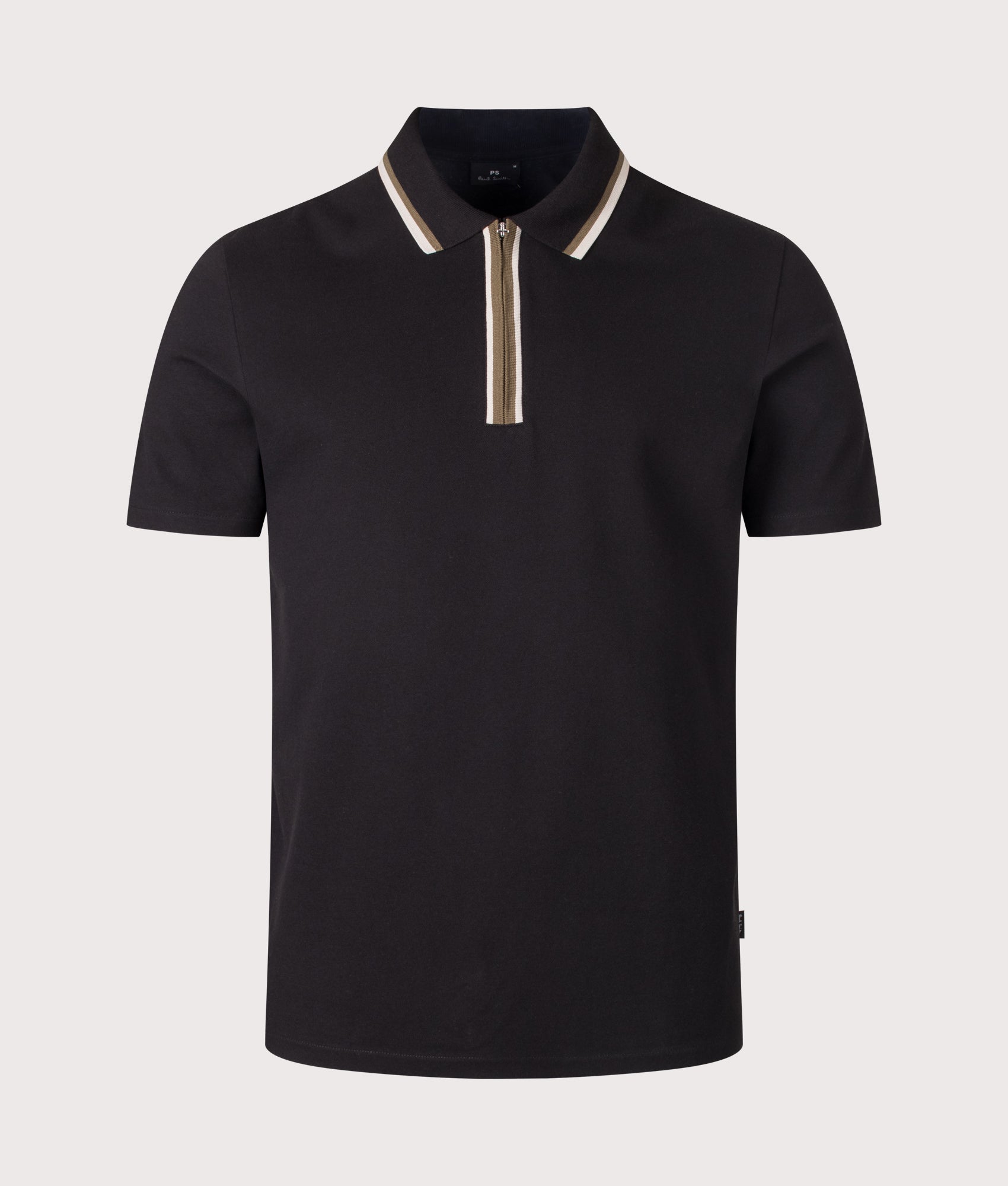 PS Paul Smith Regular Fit Quarter Zip Polo Shirt in Black at EQVVS Menswear. Front shot.