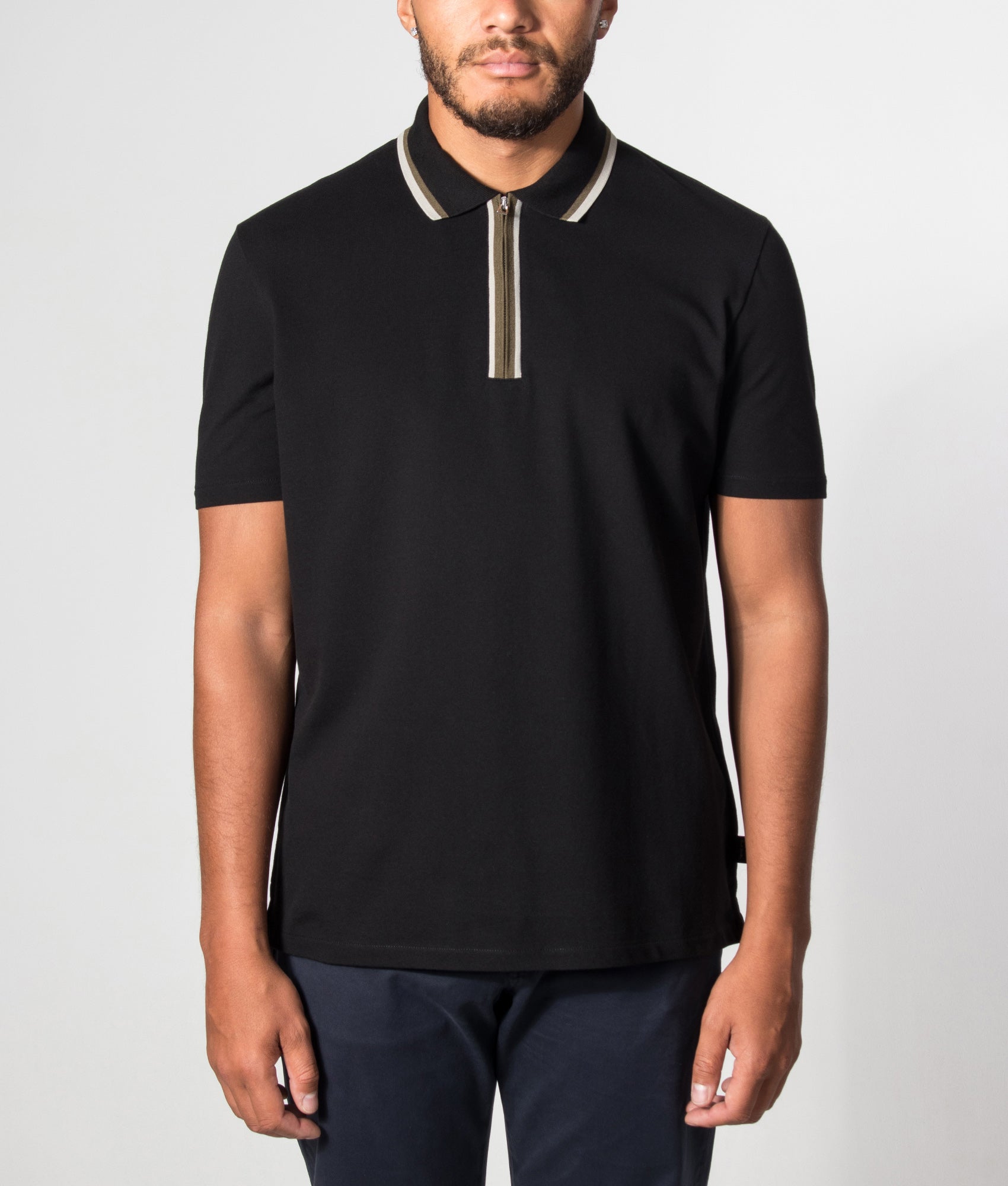 PS Paul Smith Regular Fit Quarter Zip Polo Shirt in Black at EQVVS Menswear. Model front shot.