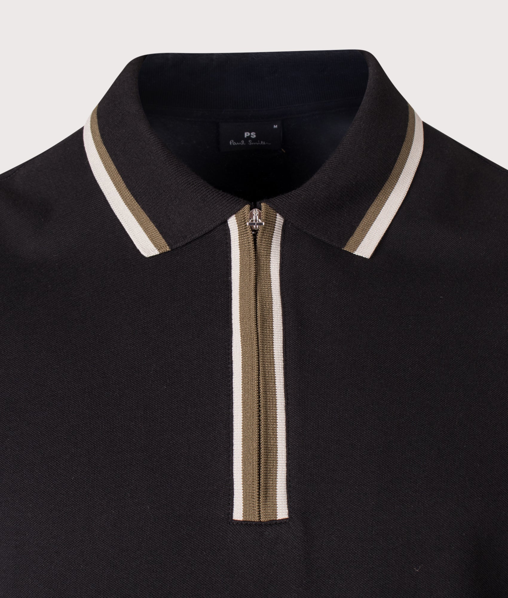 PS Paul Smith Regular Fit Quarter Zip Polo Shirt in Black at EQVVS Menswear. Detail shot.
