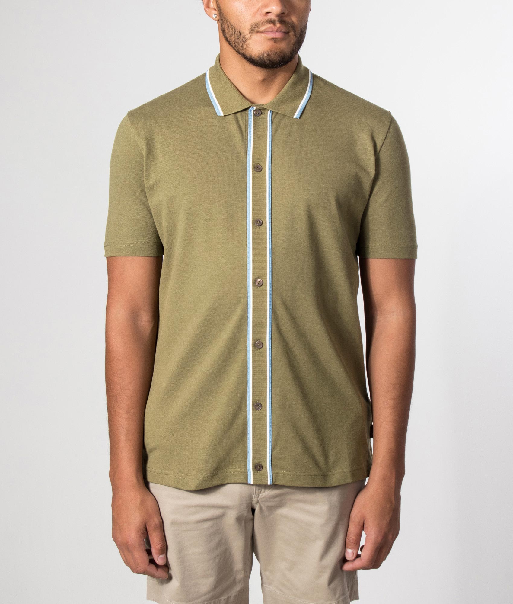 Regular Fit Button Front Short Sleeve Shirt in Olive Green by PS Paul Smith. Shot by EQVVS. Model front shot.